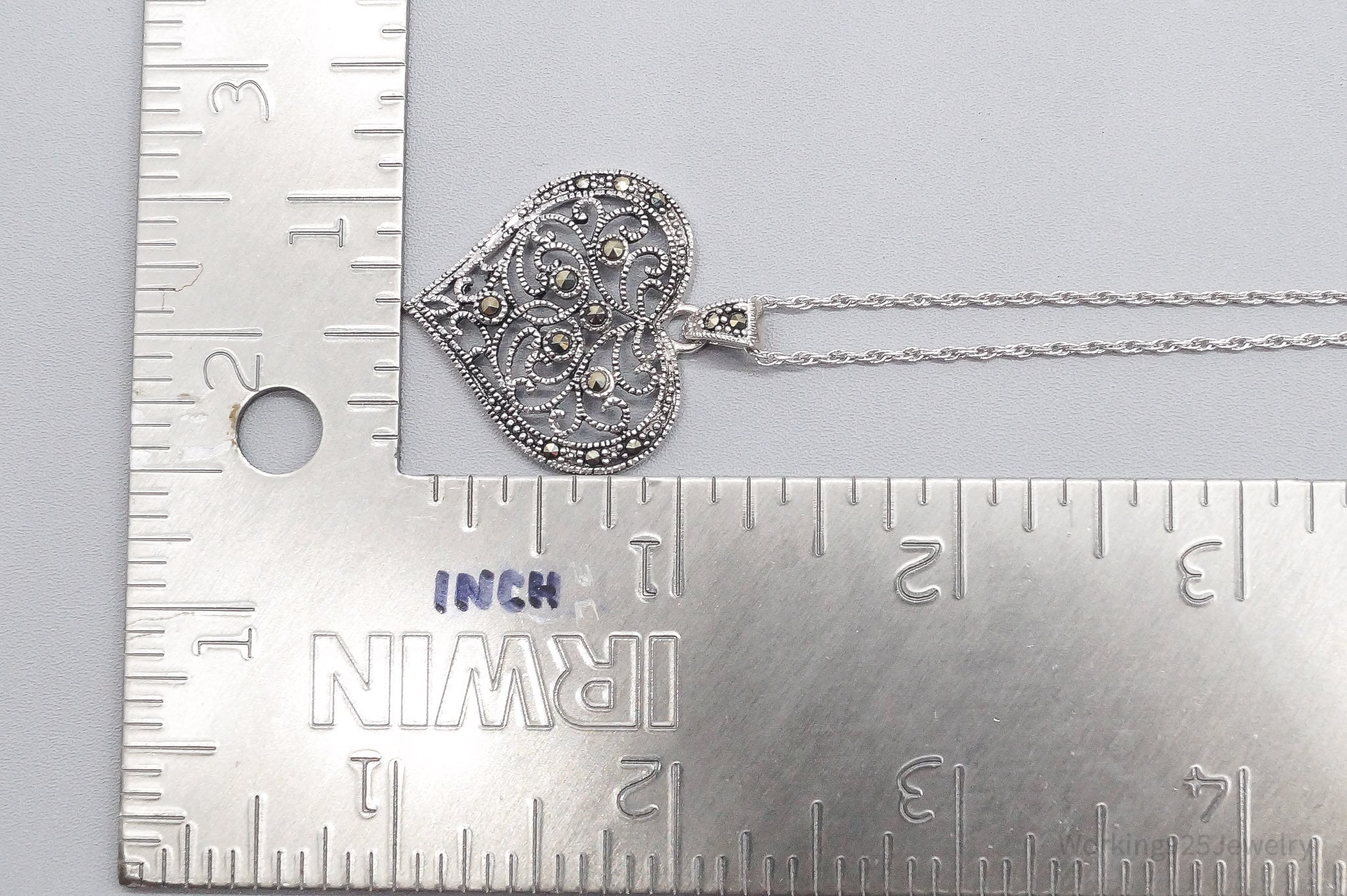 Vintage Ornate Marcasite Heart Sterling Silver Necklace 30"