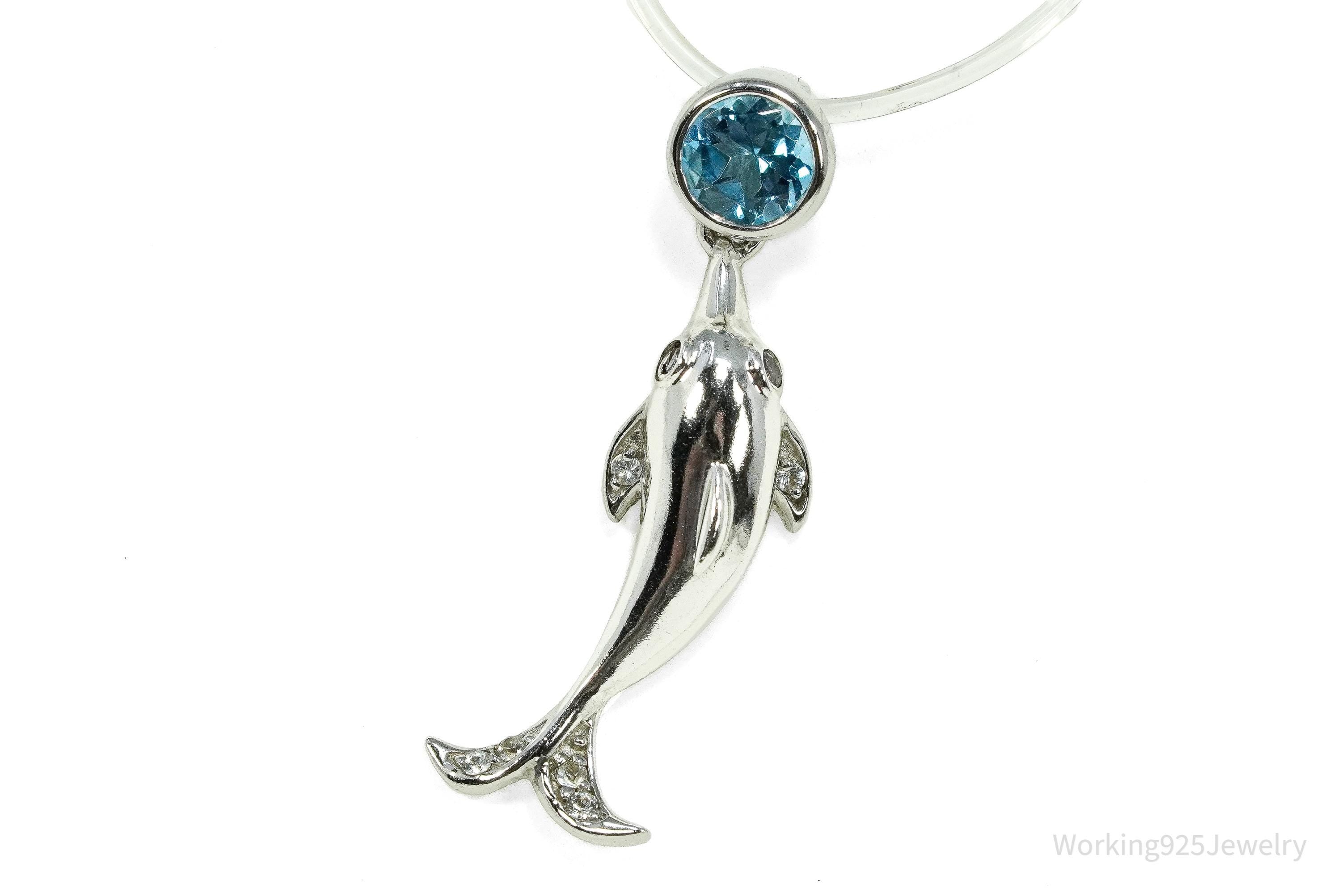 Vintage Blue Topaz Dolphin Sterling Silver Necklace Pendant 1 1/8"
