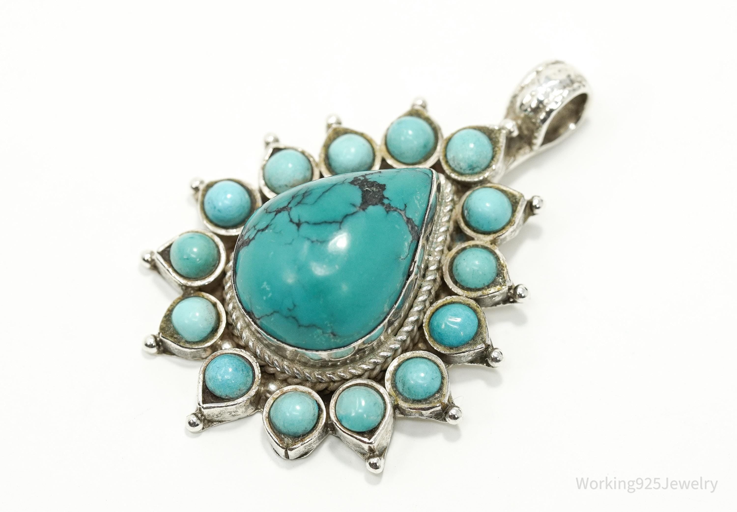 Large Vintage Turquoise Teardrop Sterling Silver Pendant