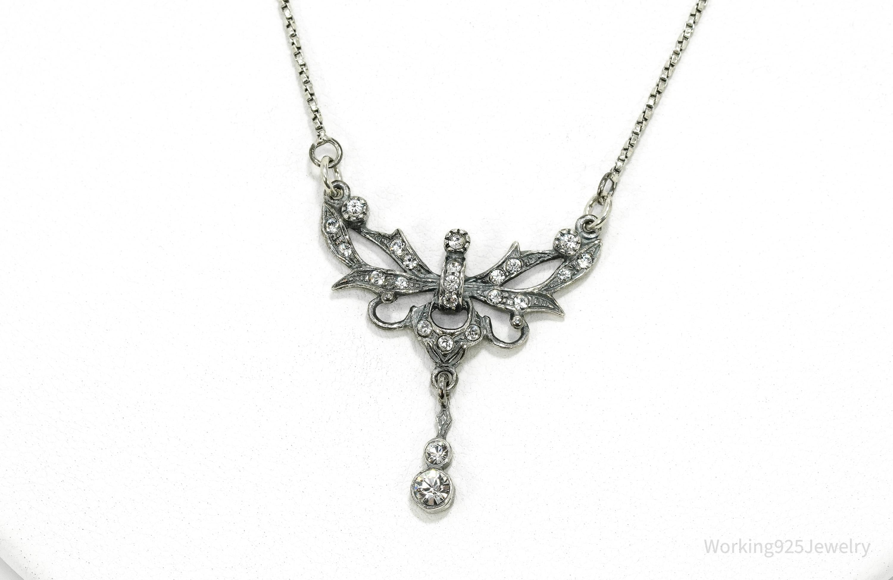 Vintage Art Nouveau Style Crystal Sterling Silver Necklace 15"