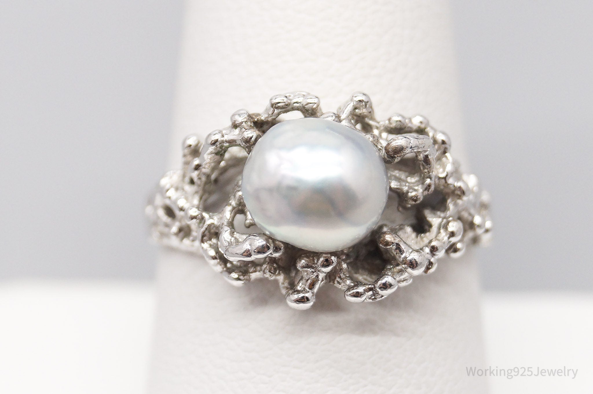 Vintage Uncas Pearl Brutalist Sterling Silver Ring - Size 8.75