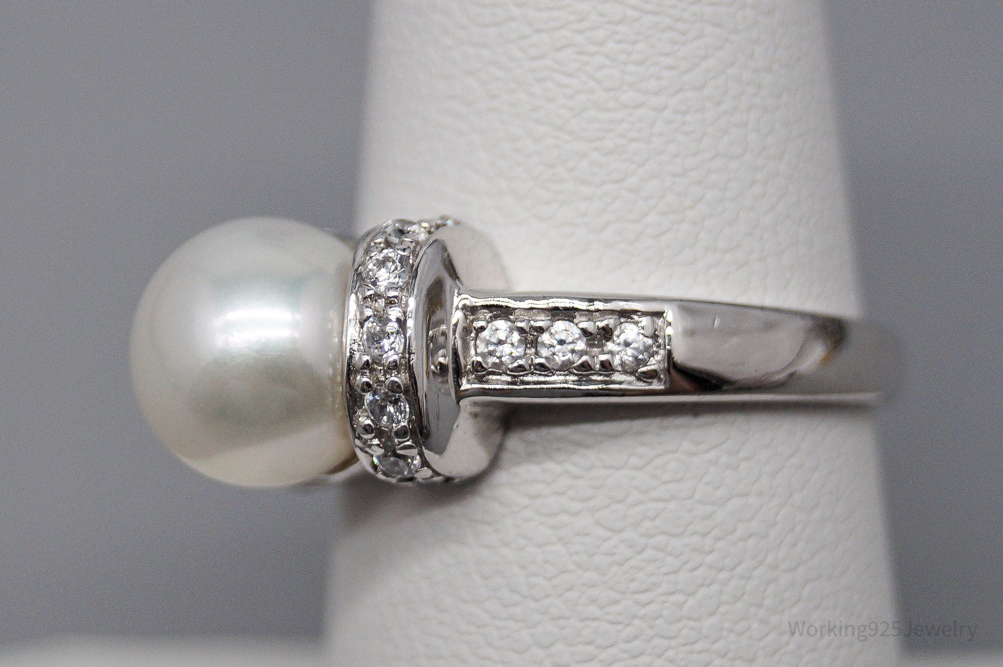 Vintage Ross Simons Pearl & Cubic Zirconia Sterling Silver Ring - Size 7