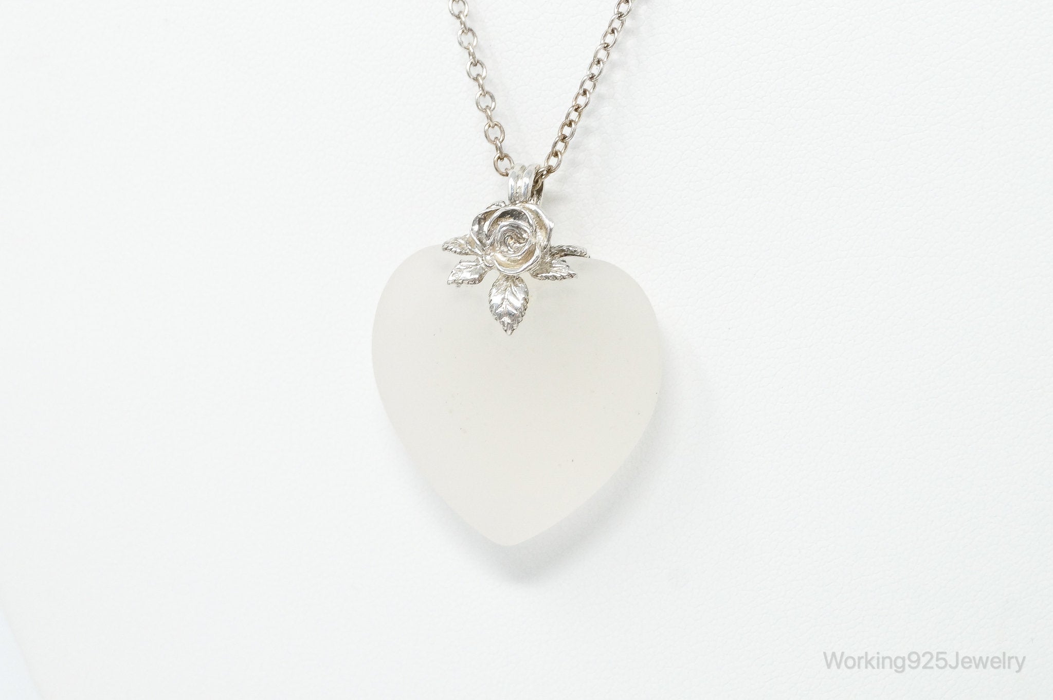 Vintage Large Frosted Glass Heart Rose Sterling Silver Necklace