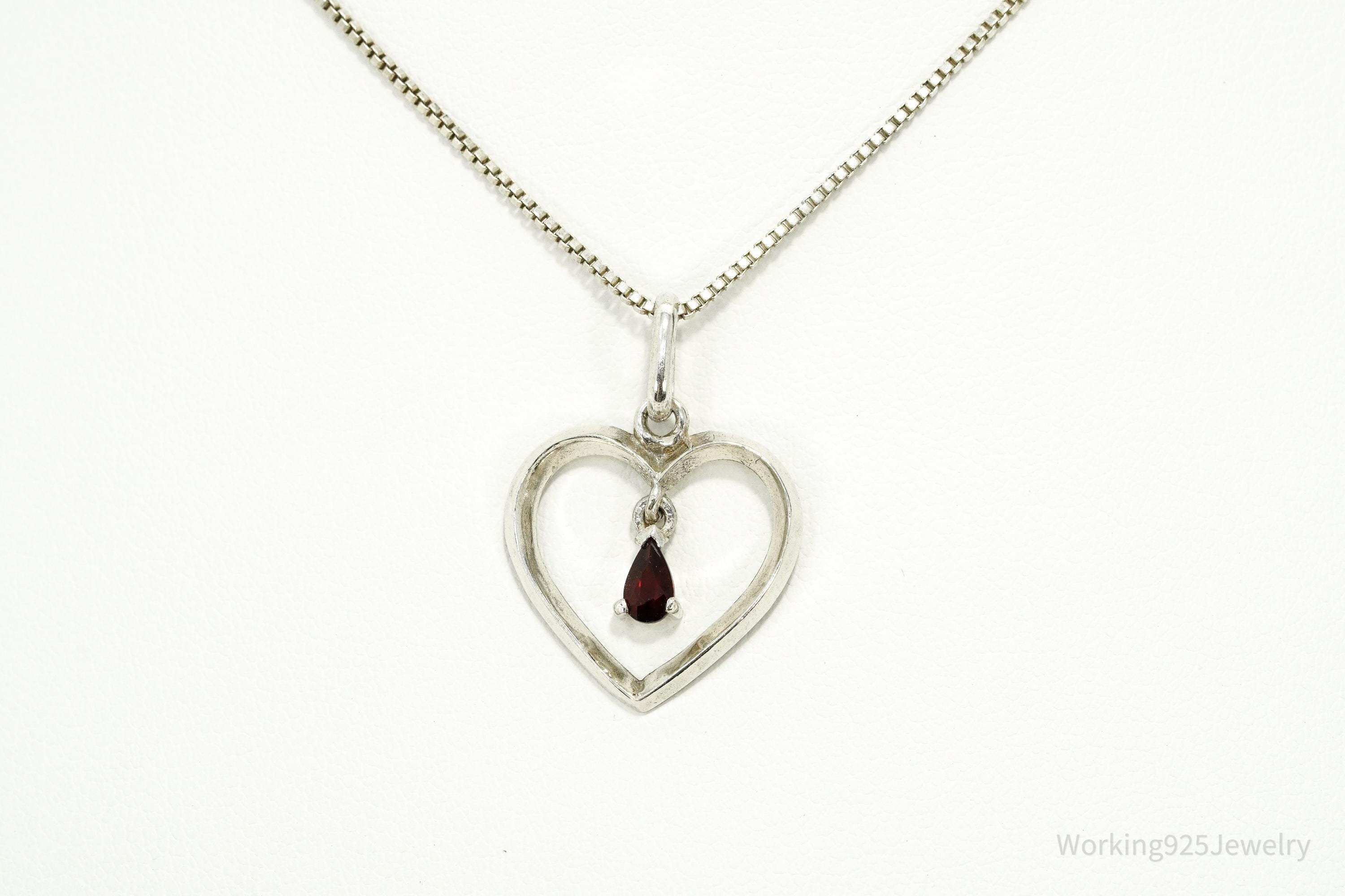 Vintage Garnet Sterling Silver Heart Chain Necklace 18"