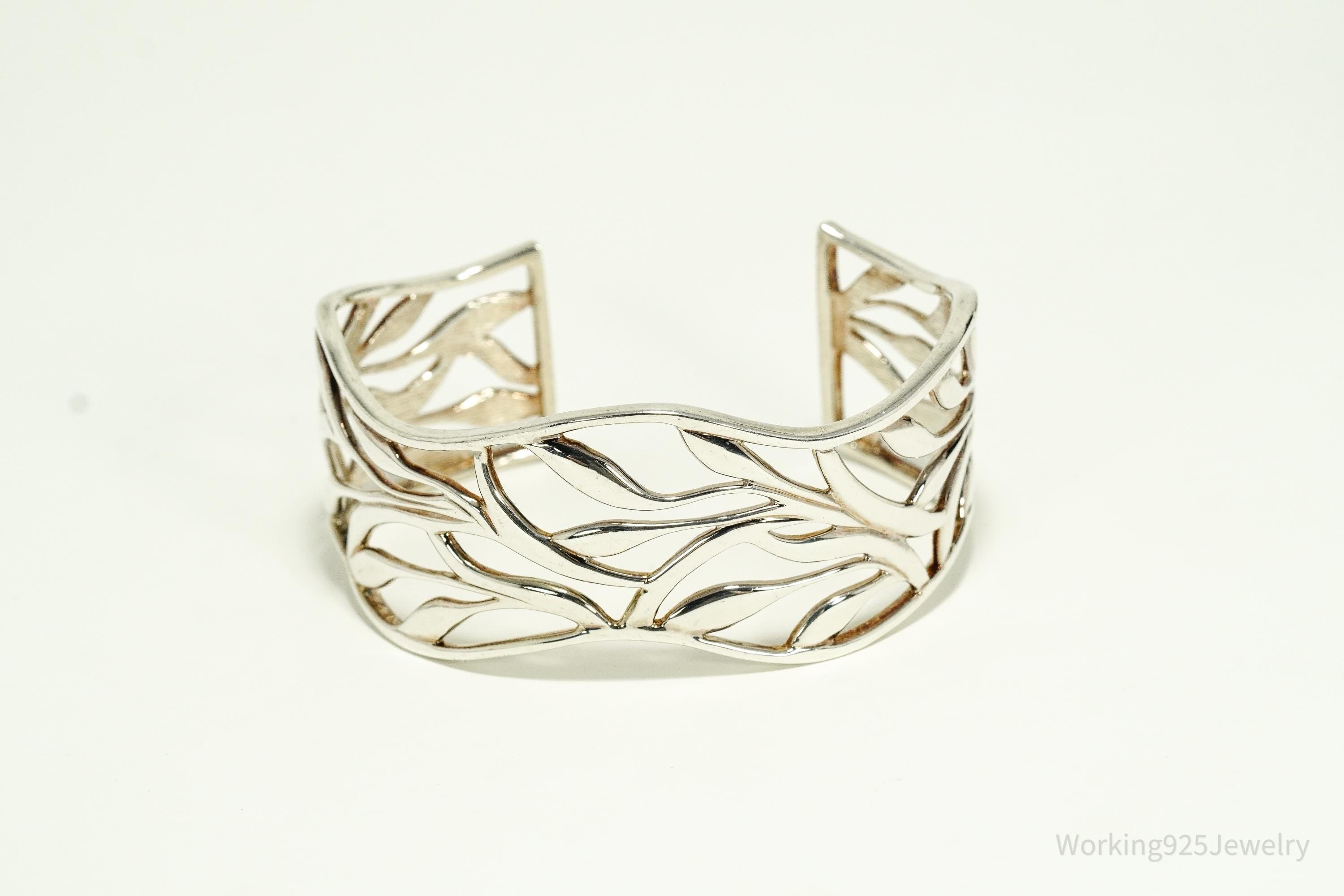 Vintage Leaf Pattern Sterling Silver Cuff Bracelet 6 7/8"