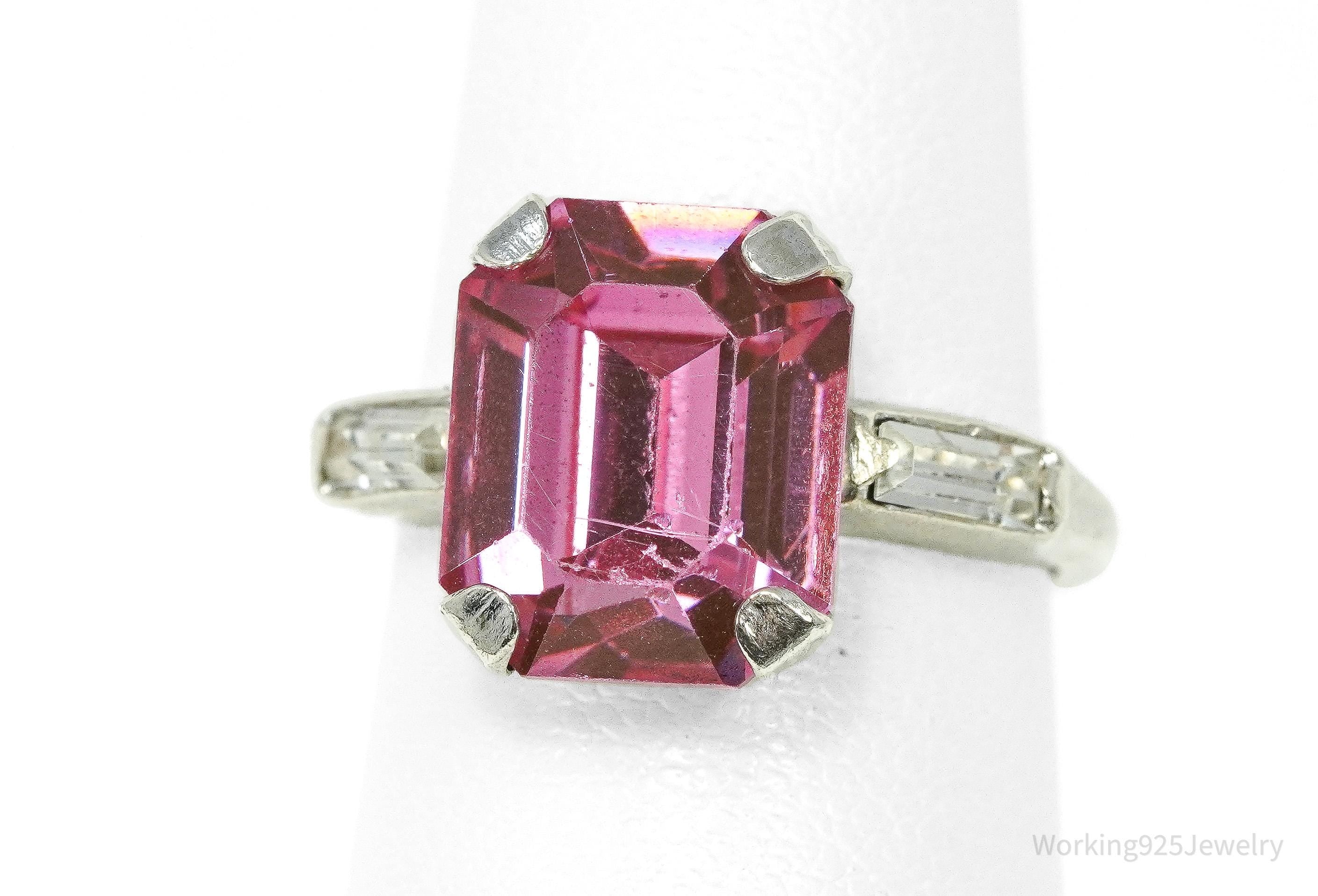 Mid Century Uncas MFG Co Pink & White Stones Sterling Silver Ring - Size 6.5