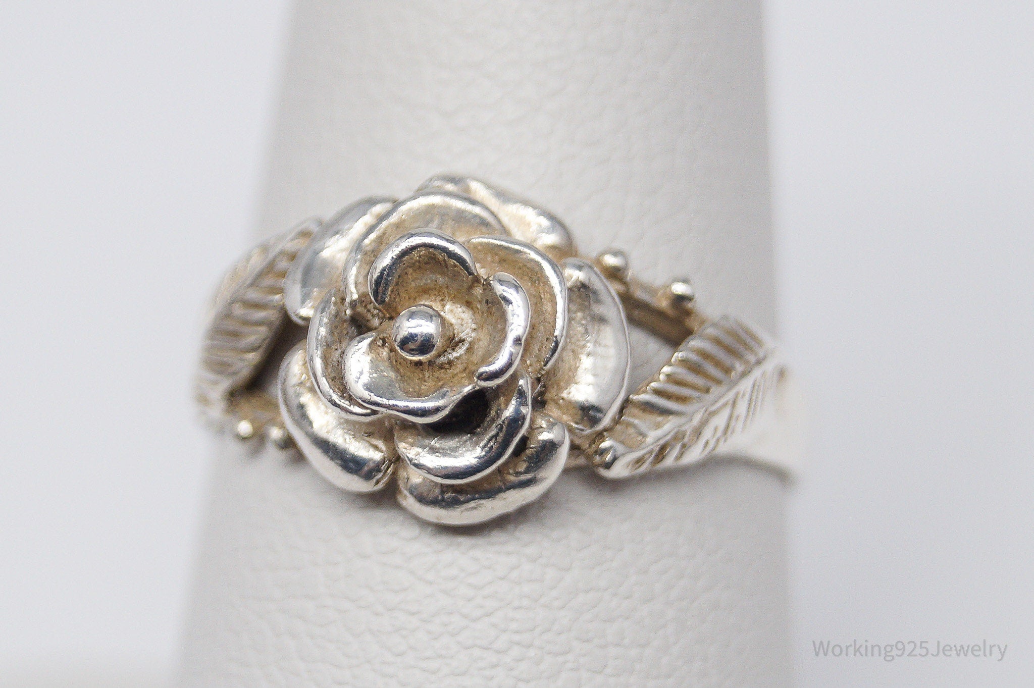 Vintage Rose Flower Sterling Silver Ring - Size 7.75