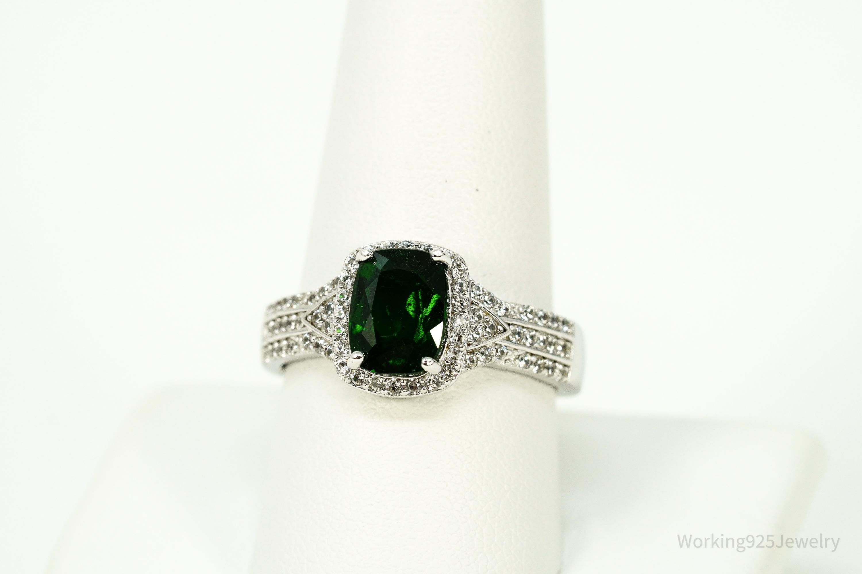 Vintage Emerald & White Topaz Sterling Silver Ring - Size 9.75