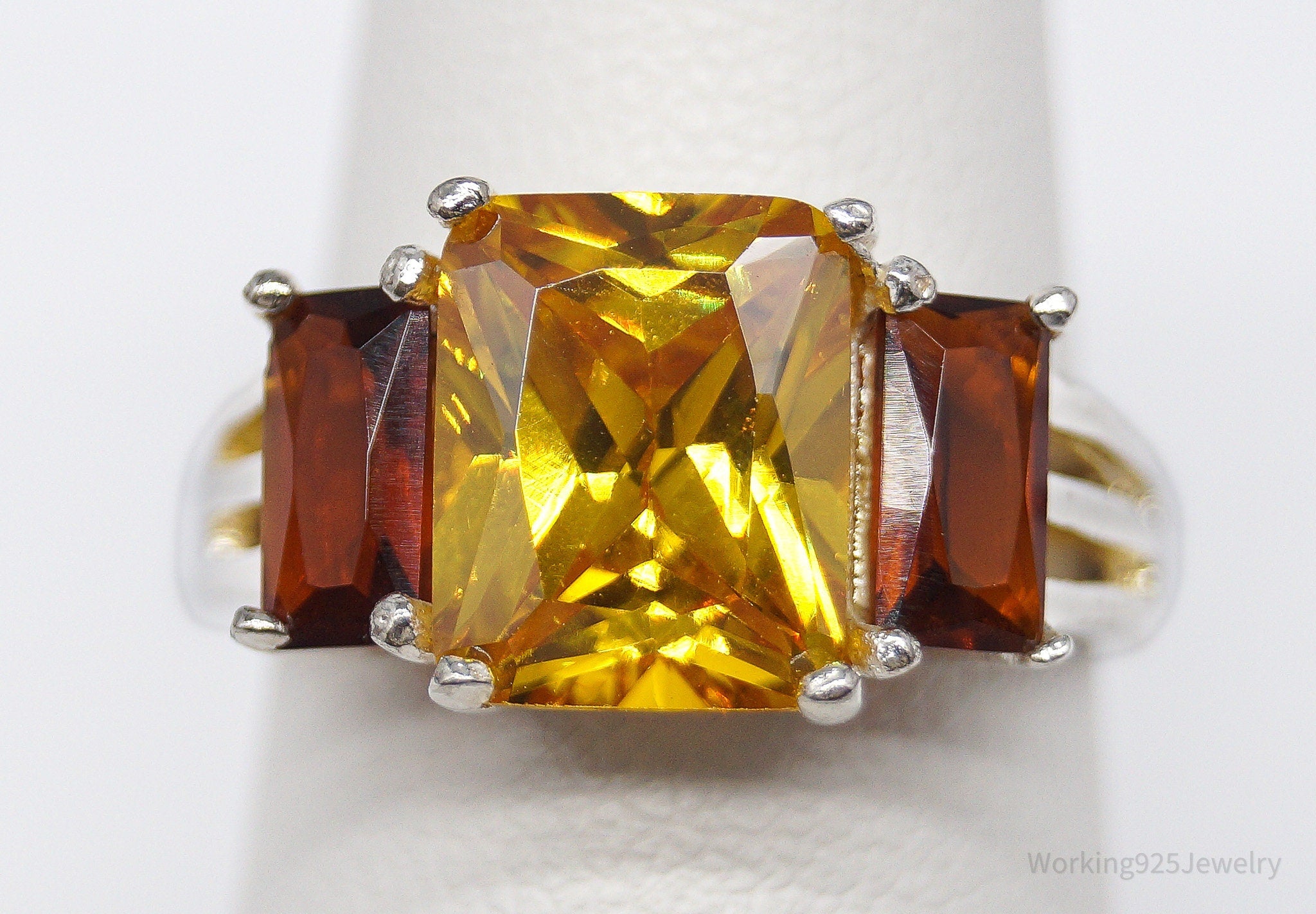 Vintage Large Yellow Tourmaline & Faux Amber Stone Sterling Silver Ring - Size 6.5