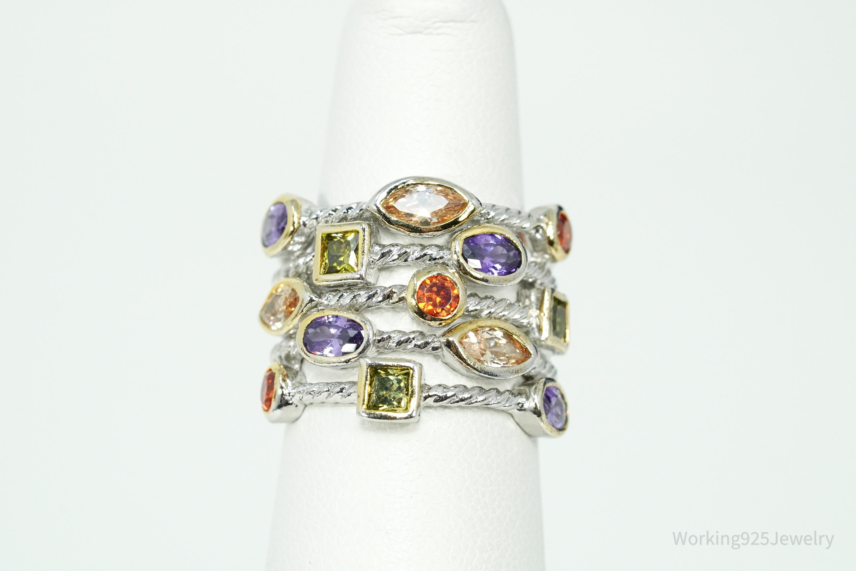 Multi Gemstone Gold Vermeil & Sterling Silver Cable Band Confetti Ring - Size 6.25