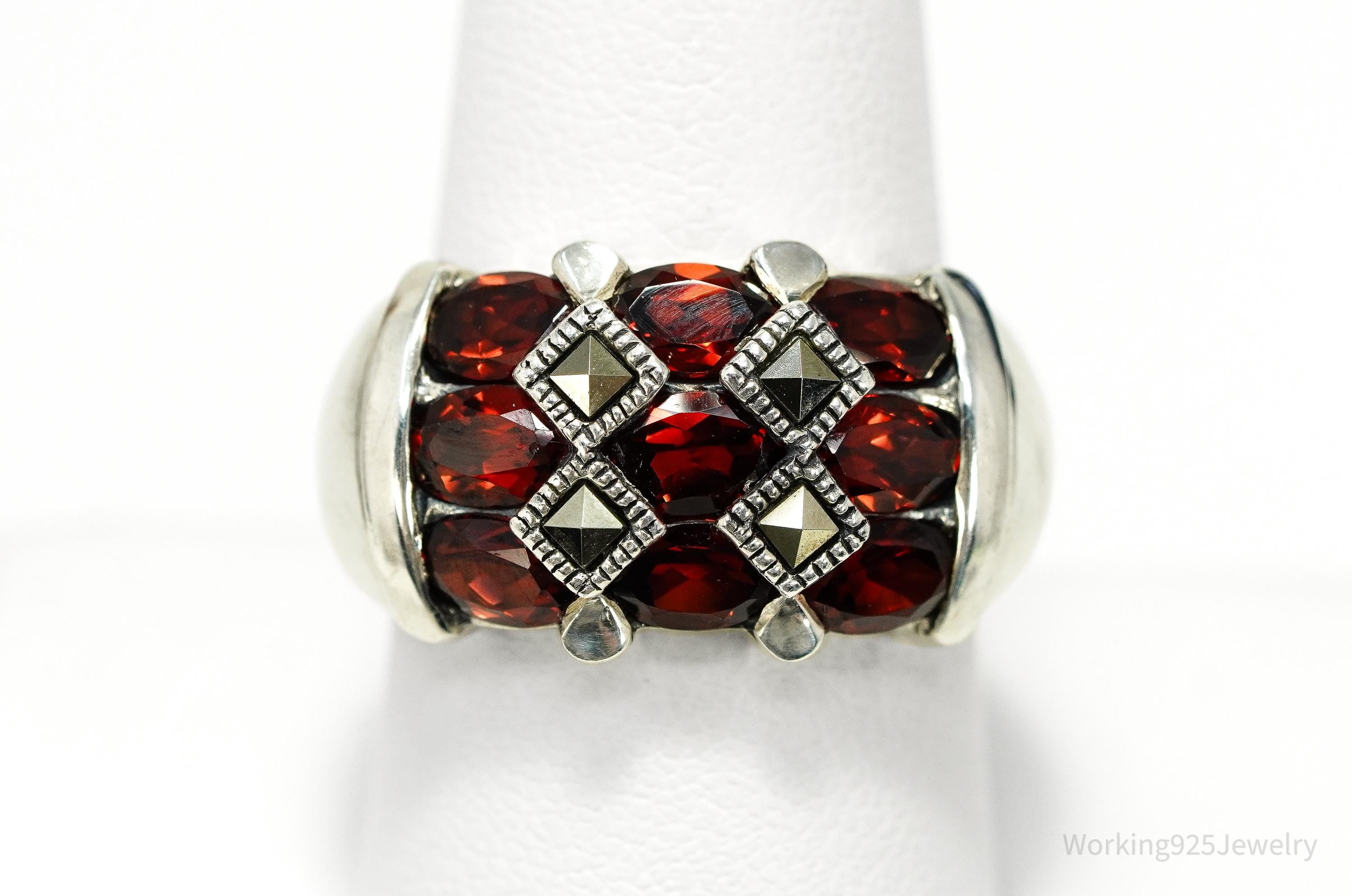 Vintage Garnet & Marcasite Sterling Silver Ring Size 9