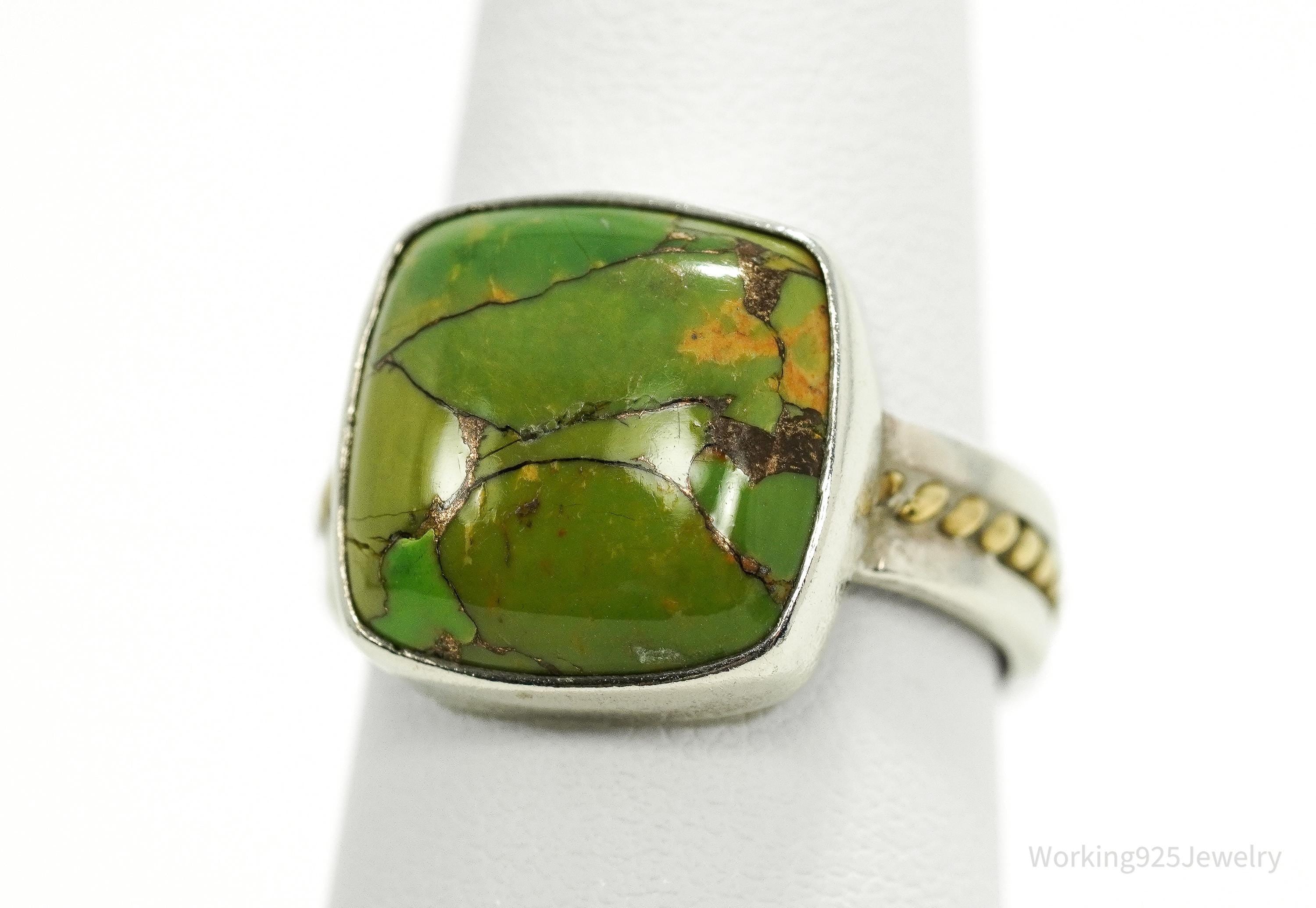 Vintage India Designer YS Green Copper Turquoise Two Tone Sterling Silver Ring - Size 9