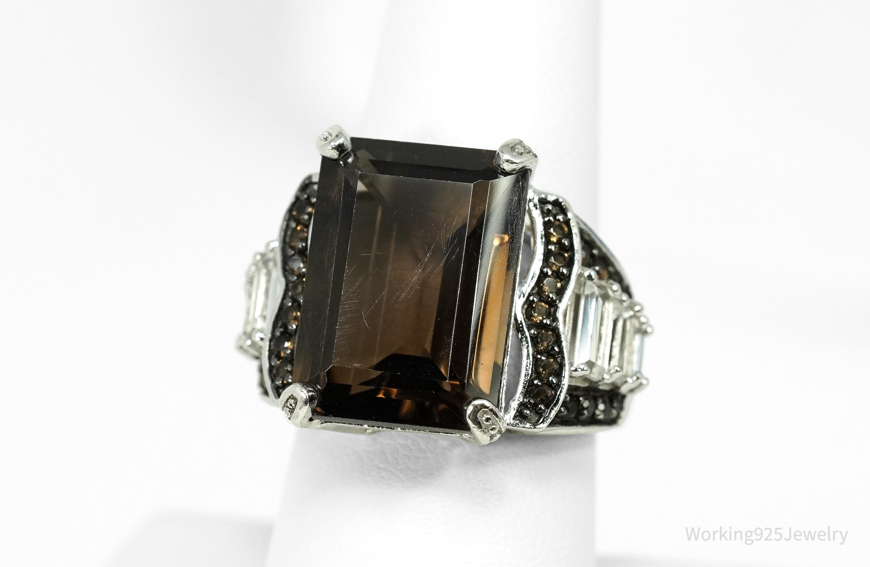 Vintage Large Smoky Quartz & White Topaz Sterling Silver Ring - Size 8