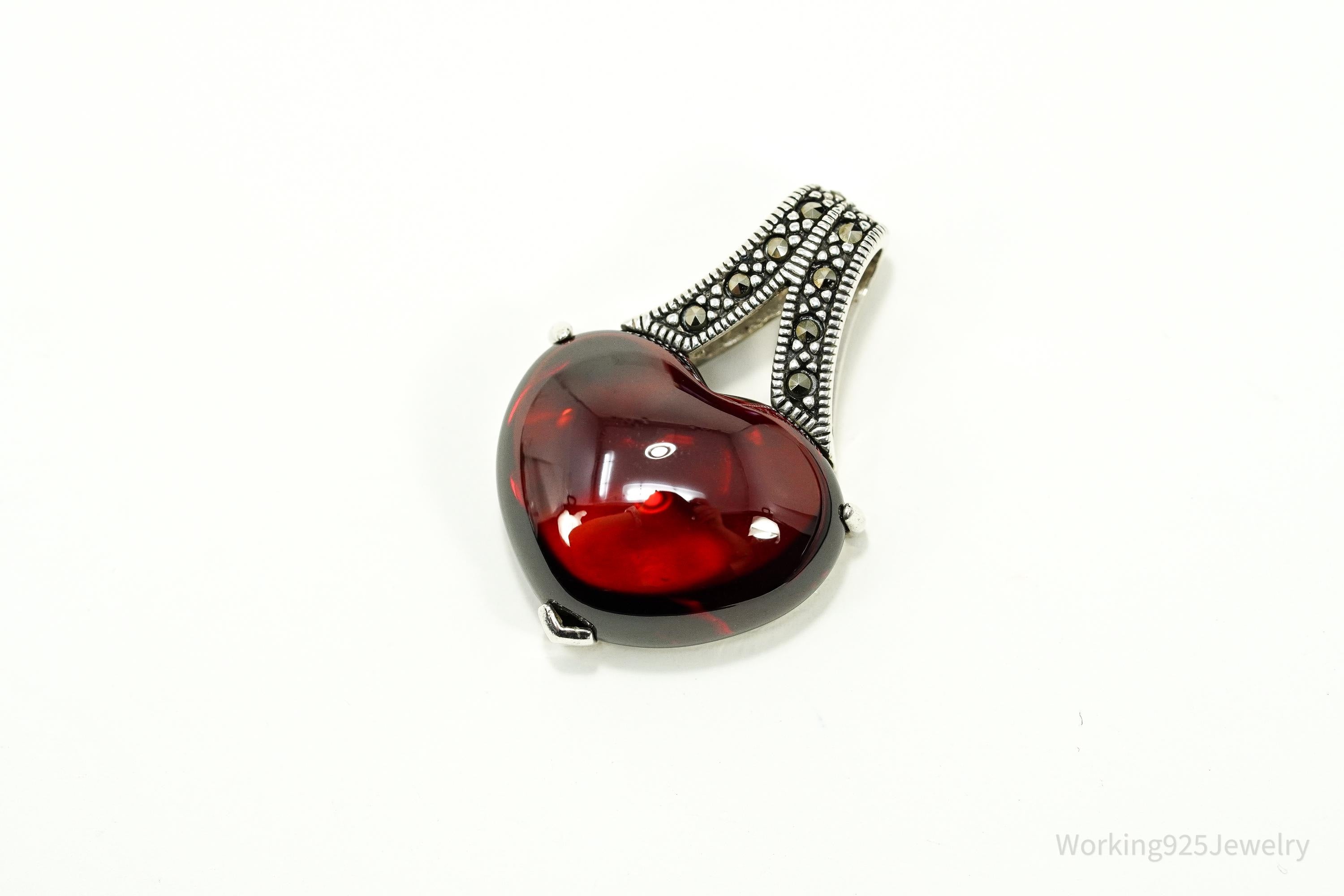 Vintage Large Red Stone & Marcasite Heart Sterling Silver Pendant