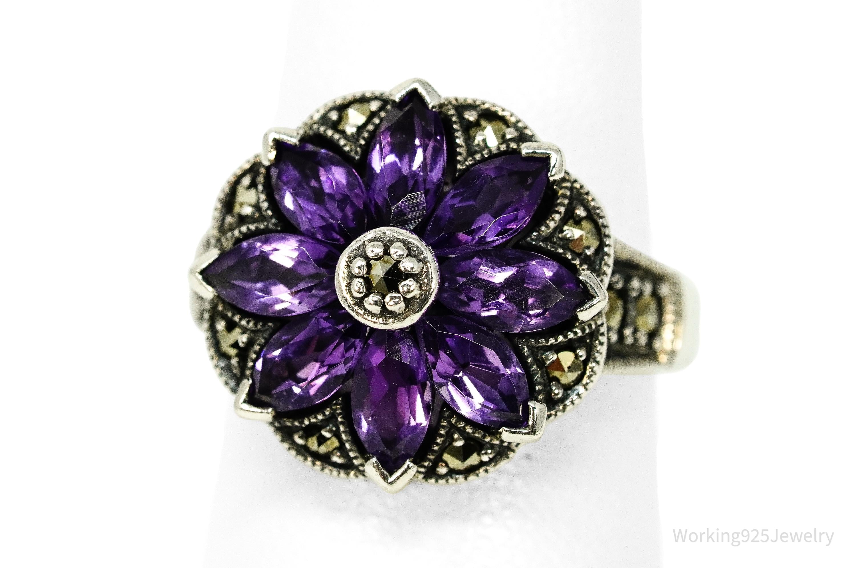 Vintage Amethyst & Marcasite Sterling Silver Ring - Size 6