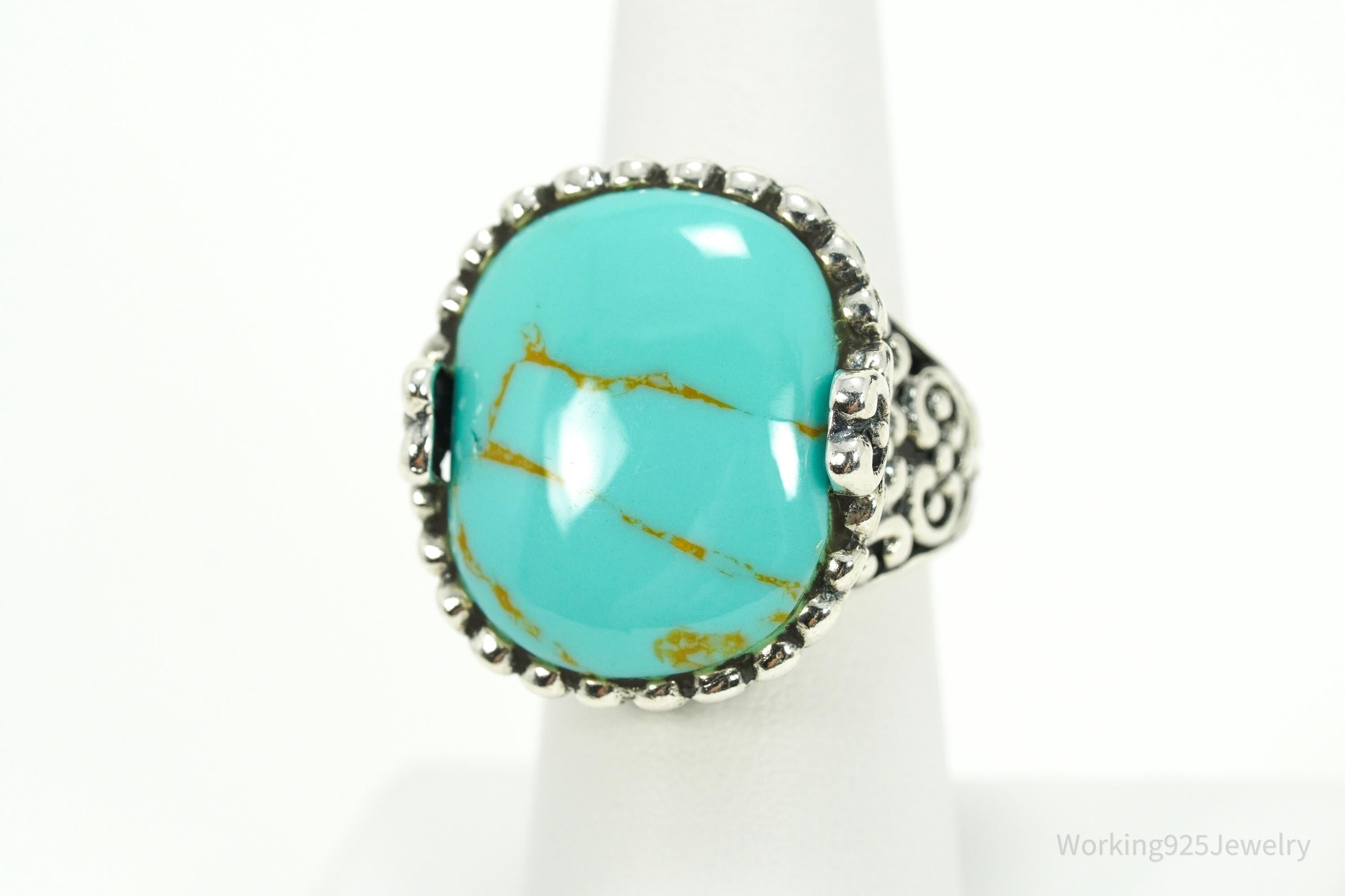 Vintage Turquoise Ornate Sterling Silver Ring - Size 7.25