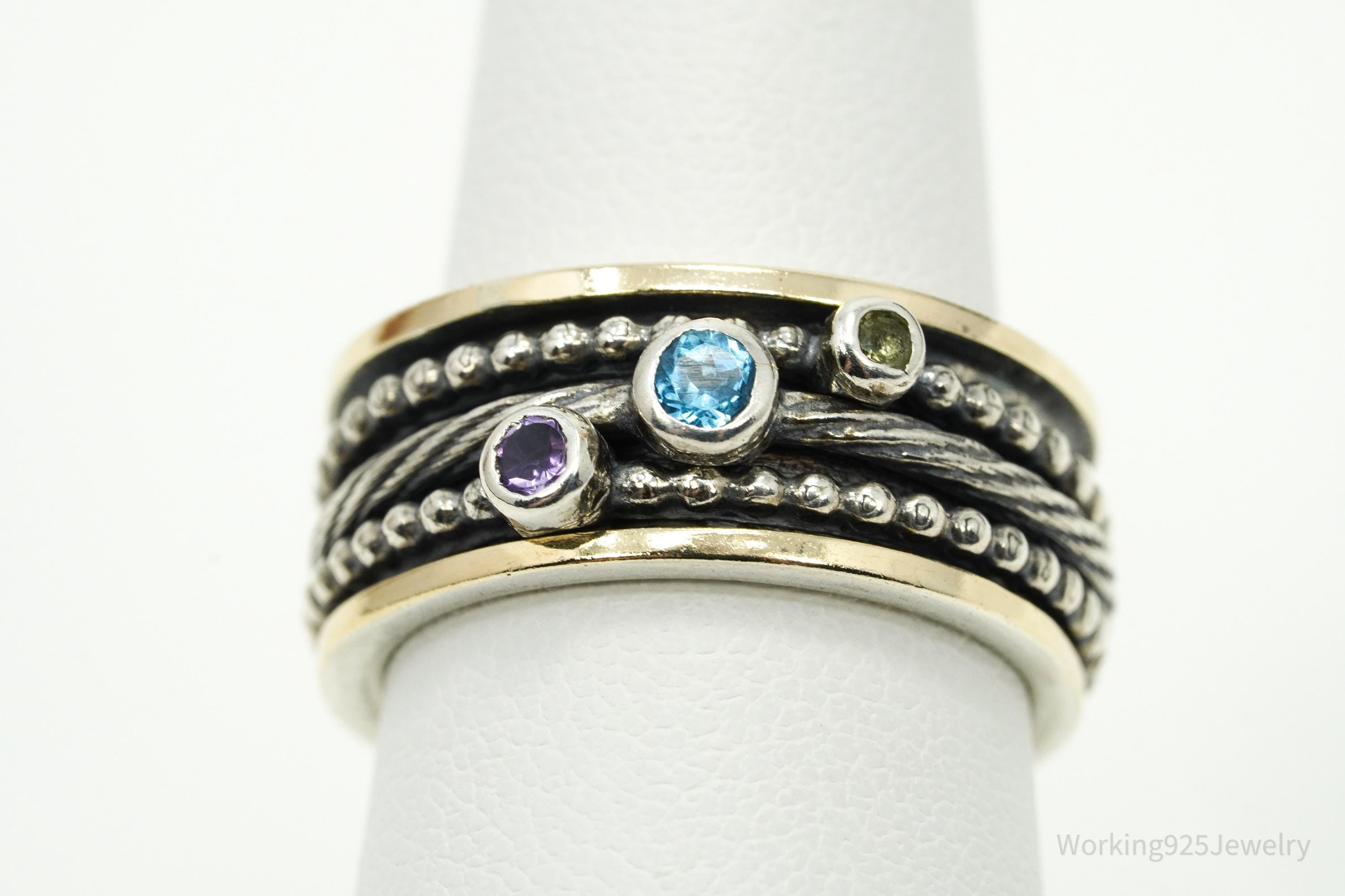 Designer PZ 14K Gold Multi Gem Spinner Sterling Silver Ring - Size 6.5