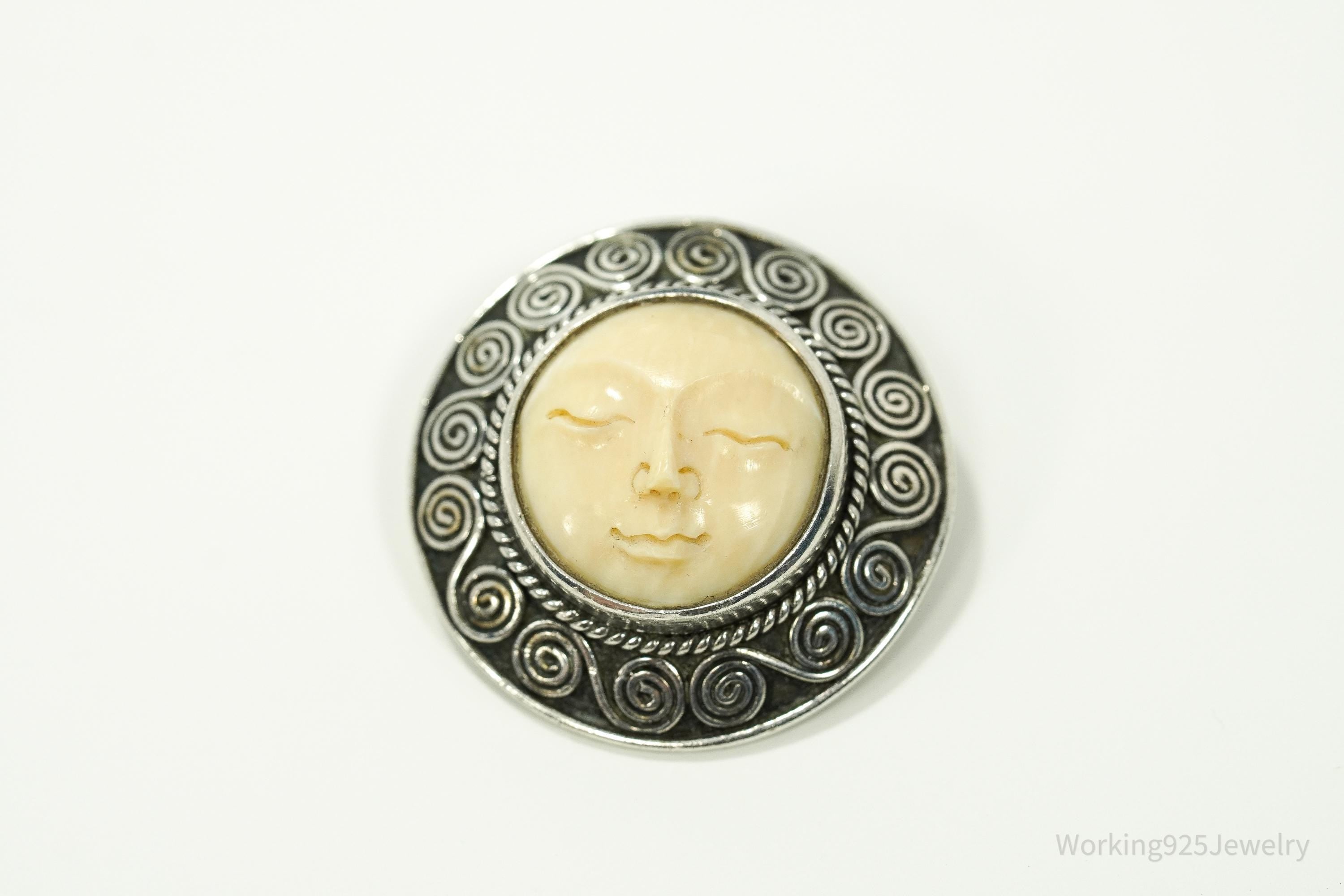 Vintage Carved Sleeping Moon Face Sterling Silver Pendant