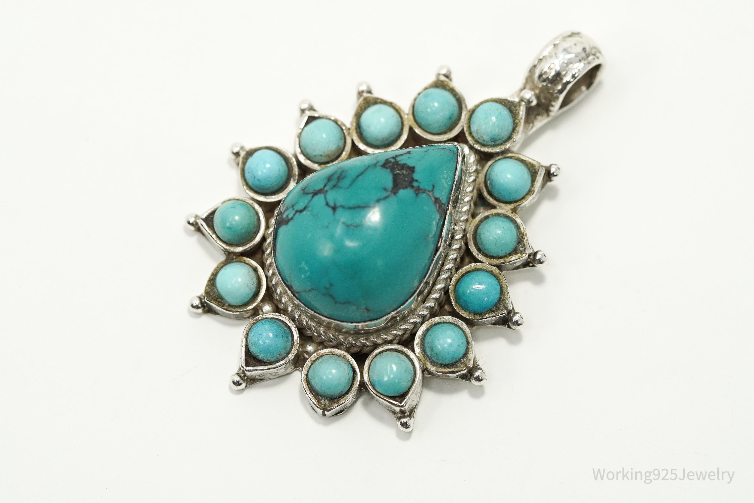Large Vintage Turquoise Teardrop Sterling Silver Pendant