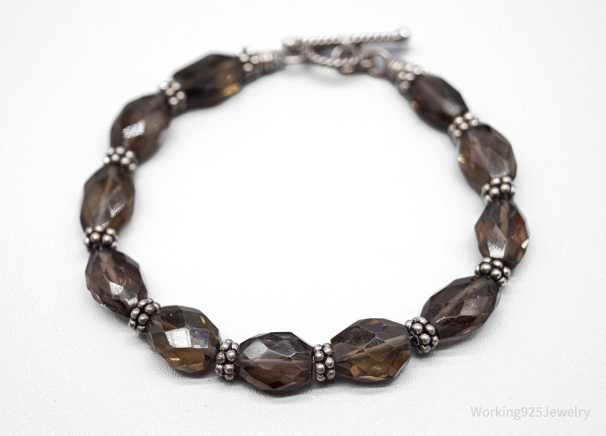 Vintage Smoky Topaz Bead Silver Toggle Bracelet - 7.5"