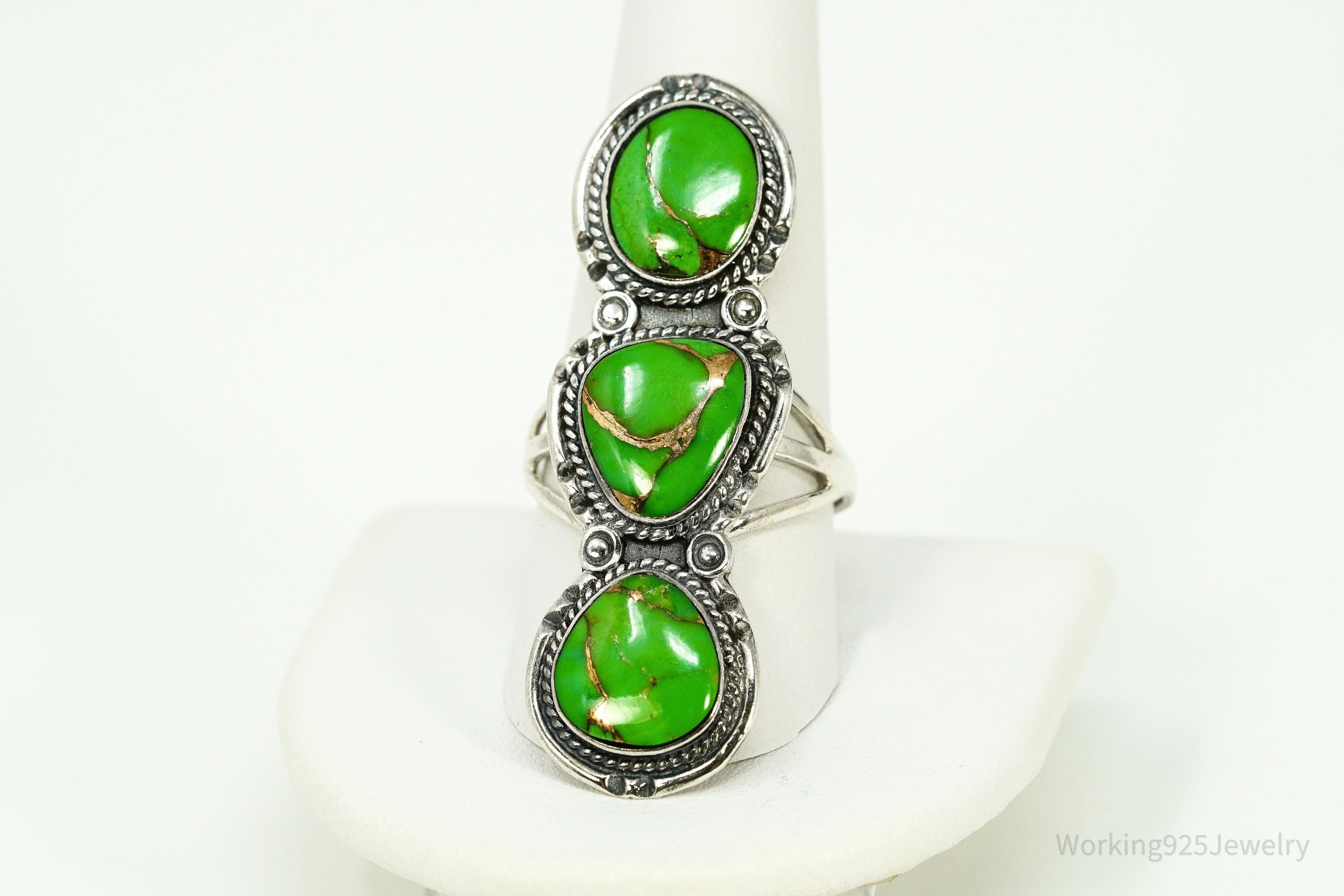 Vintage Green Copper Turquoise Sterling Silver Ring - Size 11.5