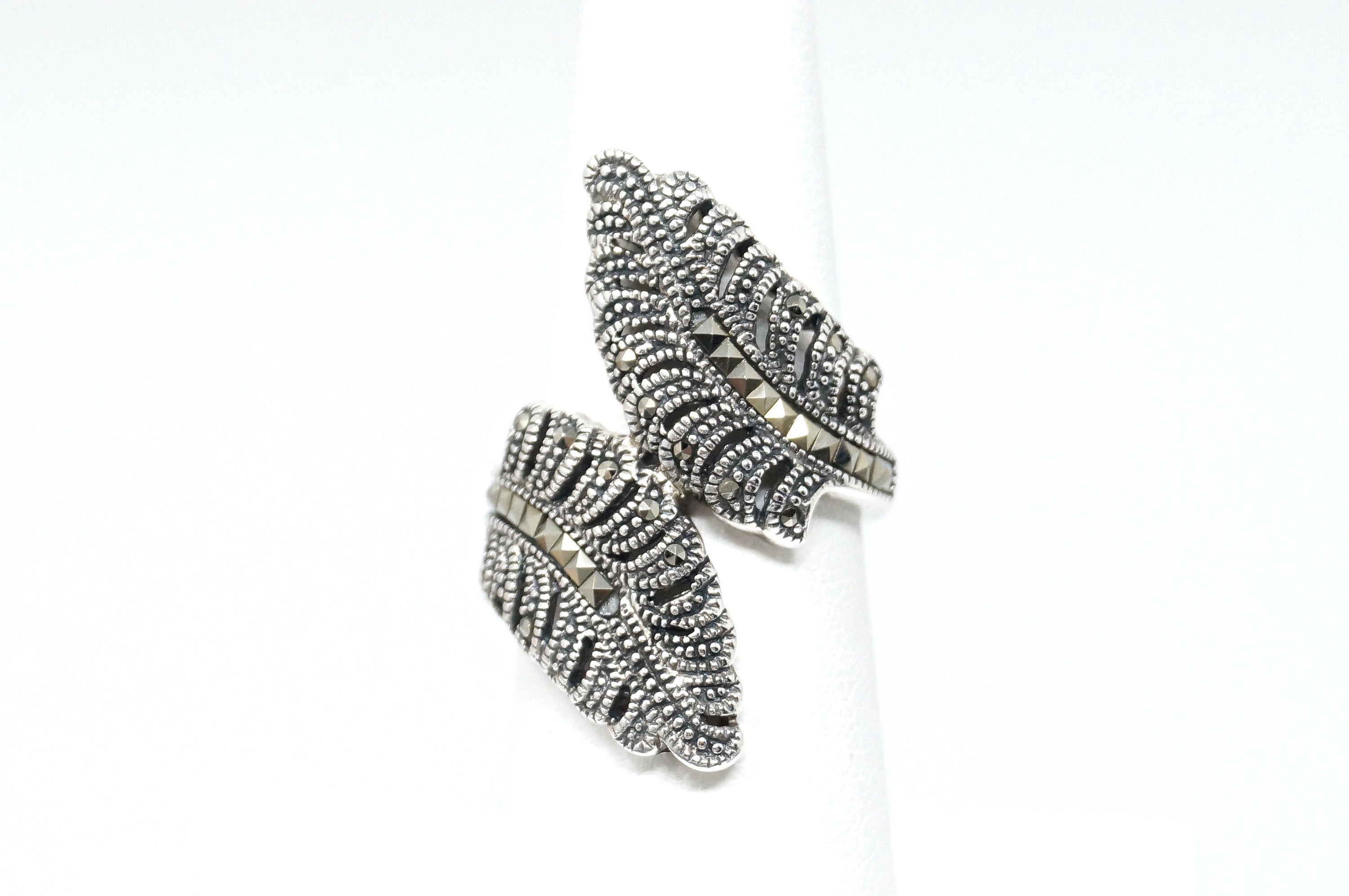 Vintage Marcasite Large Leaf Floral Wrap Sterling Silver Statement Ring - Size 6
