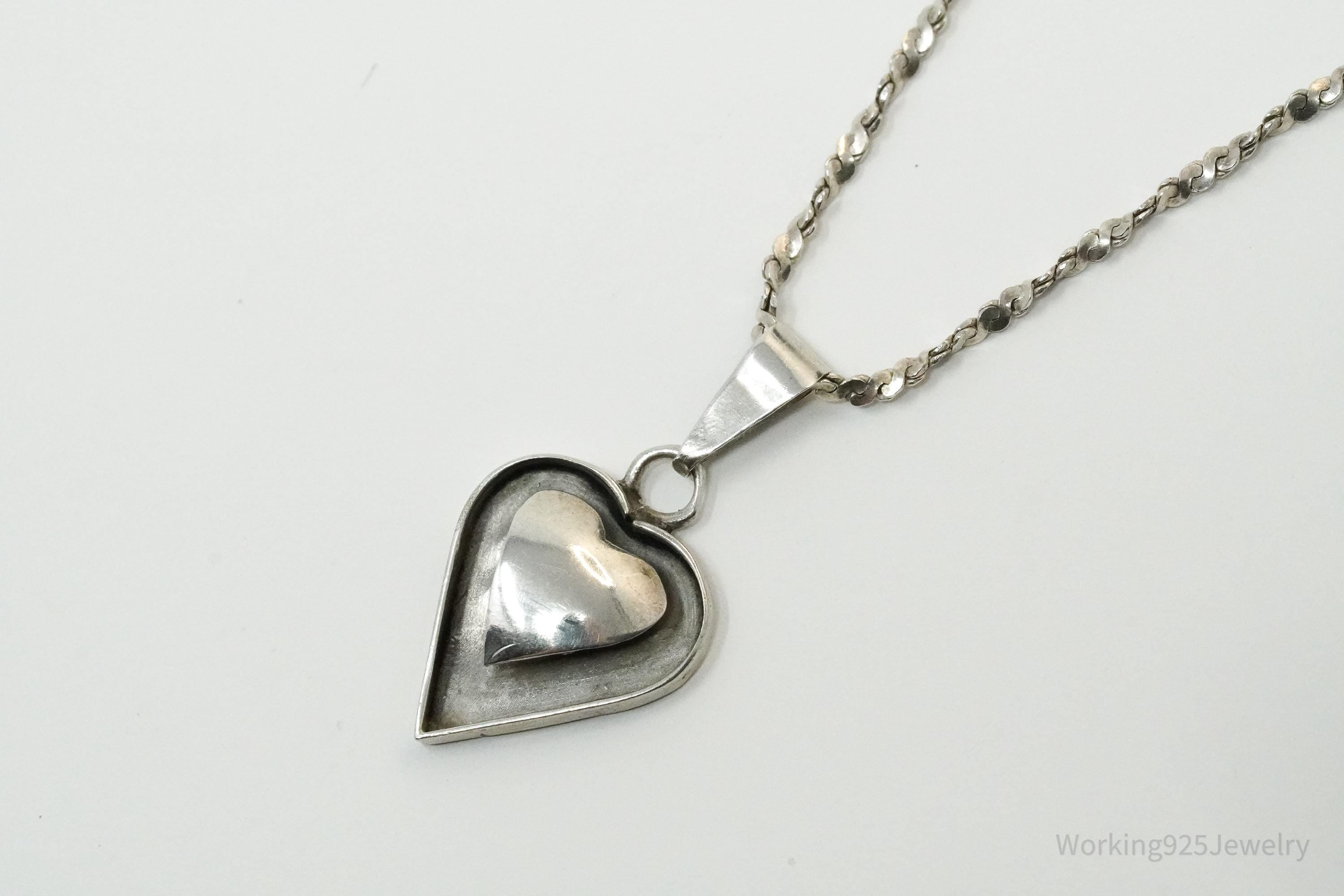 Vintage Mexico Modernist Heart Sterling Silver Necklace 20"