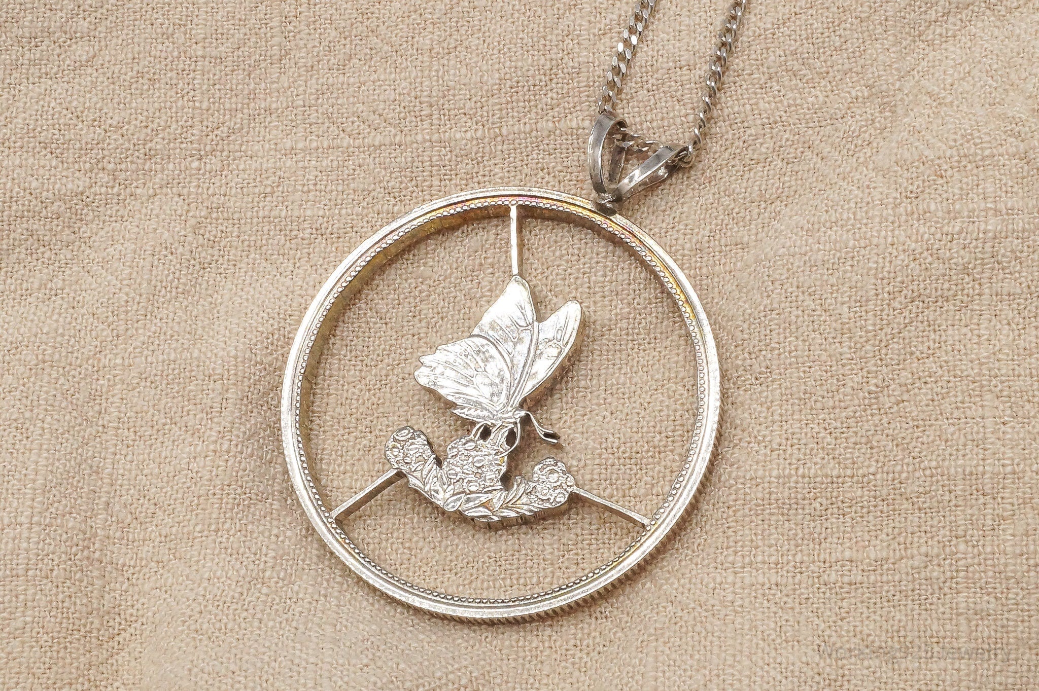 Antique Butterfly Cut Silver Coin Turned Pendant Sterling Silver Necklace 24"