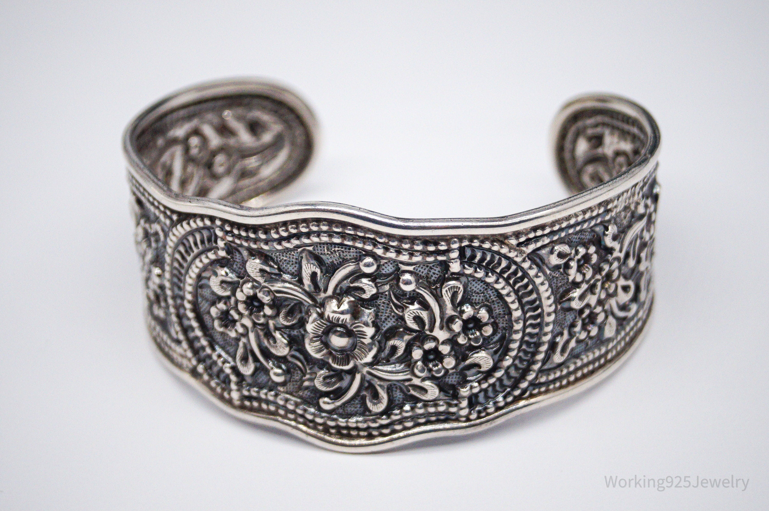 Vintage Floral Pattern Repousse Sterling Silver Cuff Bracelet 7.5"