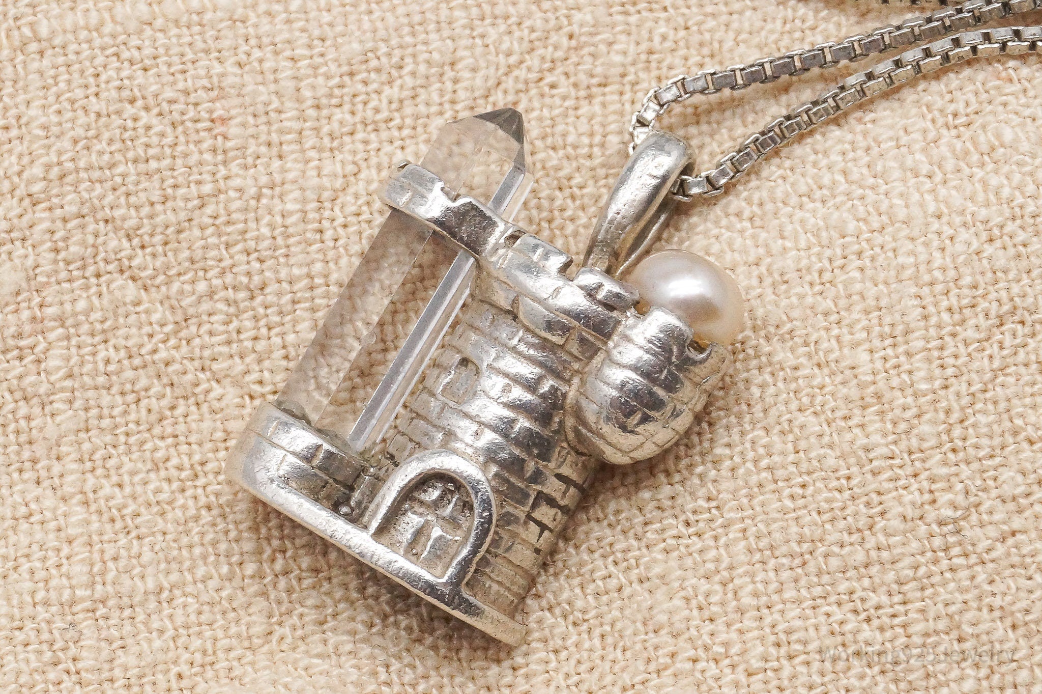 Vintage Pearl & Crystal Castle Sterling Silver Necklace 18"