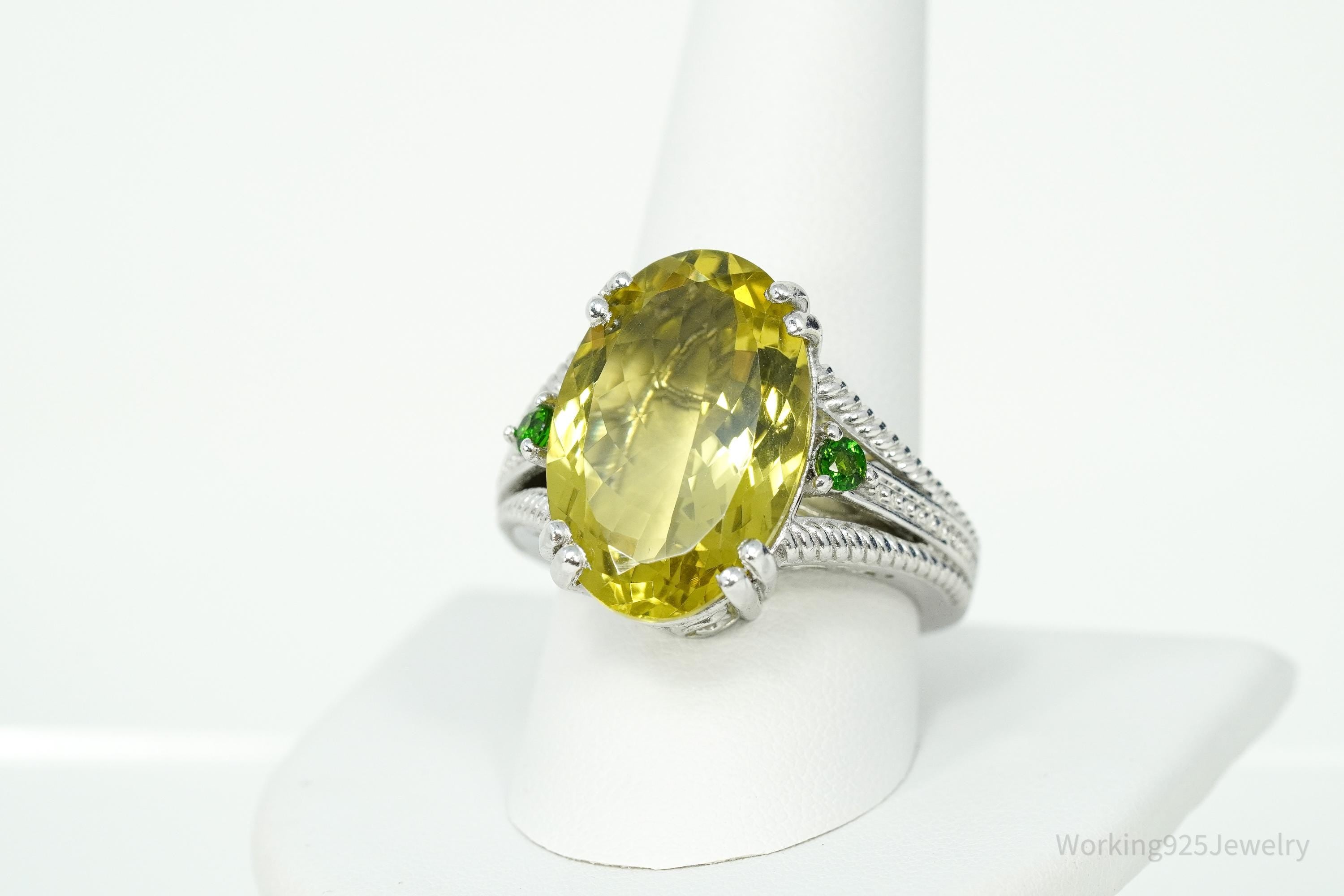 Vintage Large Lemon Quartz & Green Chrome Diopside Sterling Silver Ring Size 10