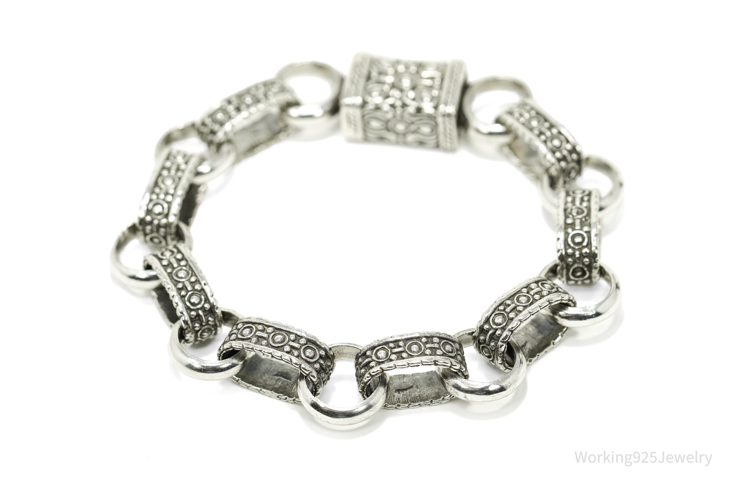 Vintage Ornate Filigree Design Large Link Silver Chain Bracelet 8"