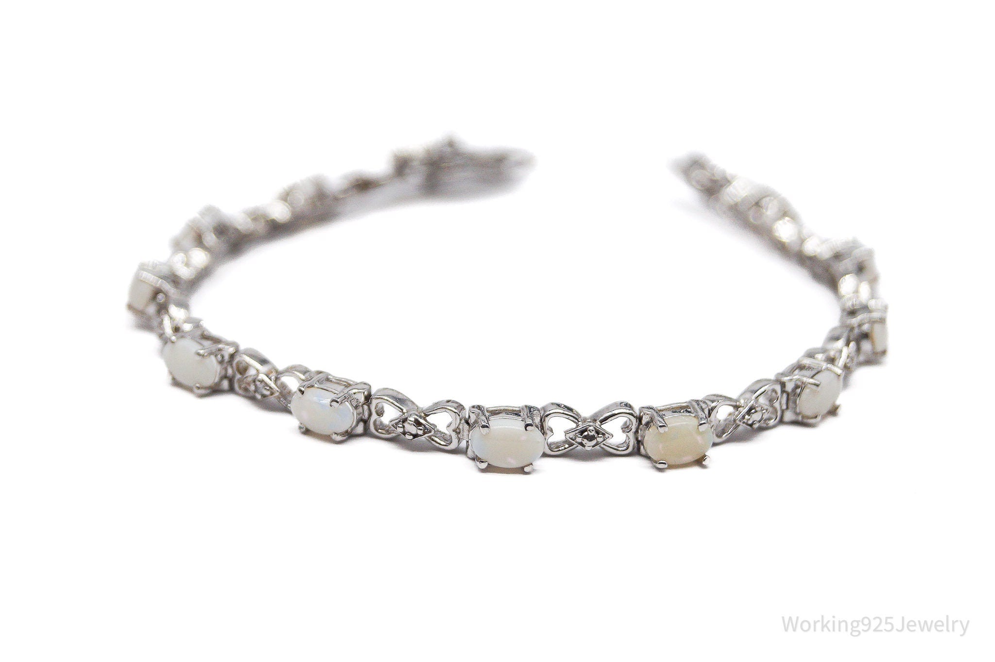 Vintage Opal & 3 Diamonds Sterling Silver Bracelet - 7 7/16"
