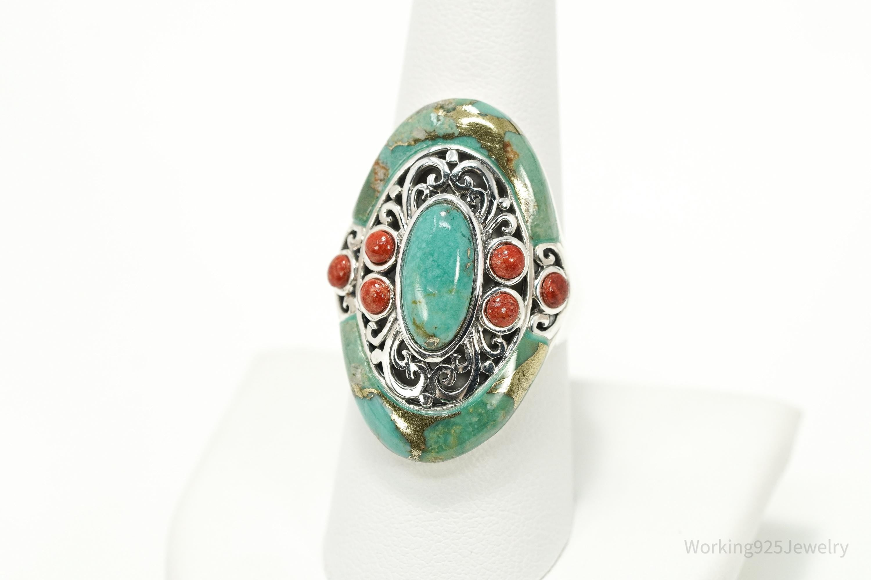 Vintage BBJ Bronze Matrix Turquoise & Coral Sterling Silver Ring Sz 8