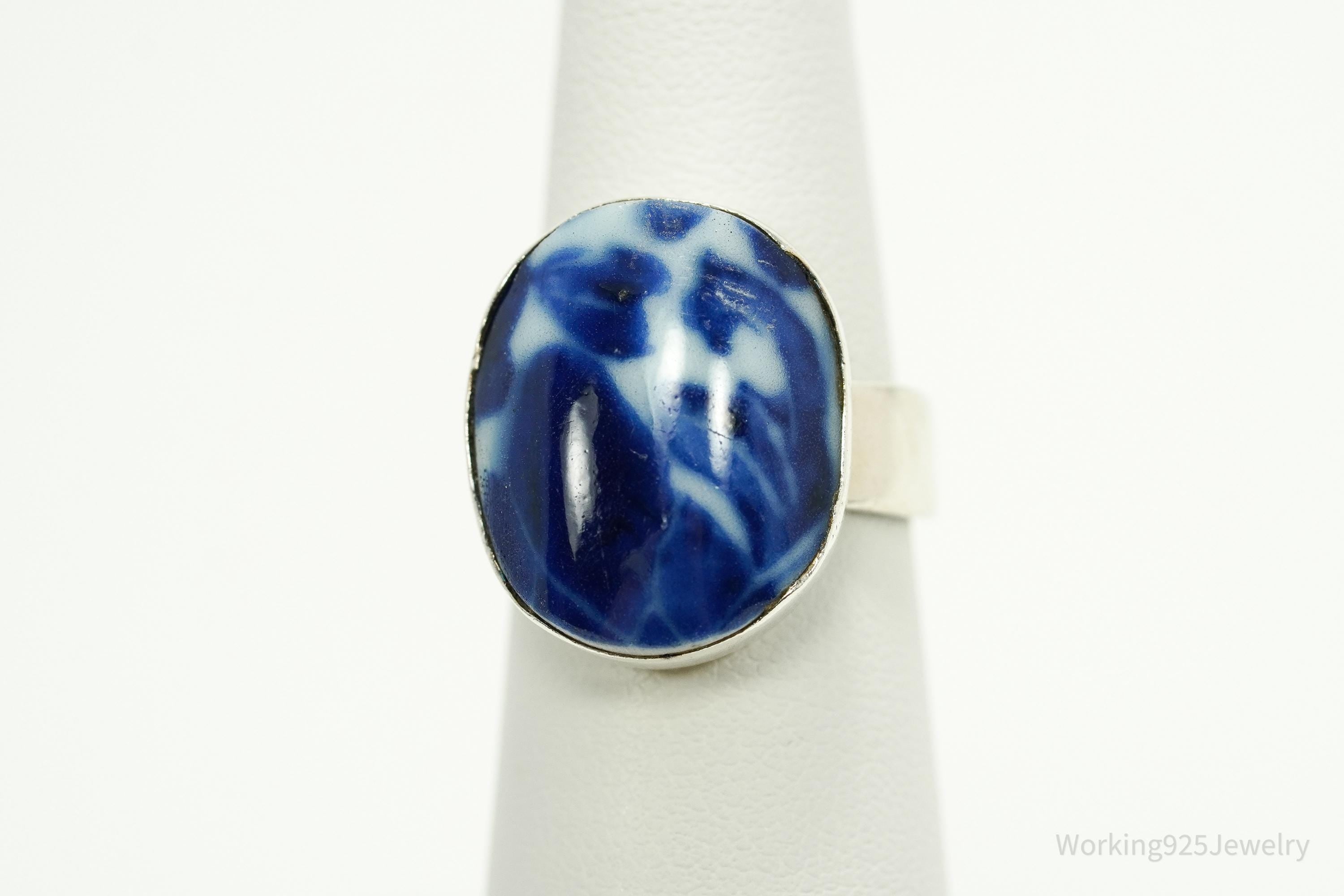 Vintage Porcelain Modernist Style Sterling Silver Ring - Size 6.25