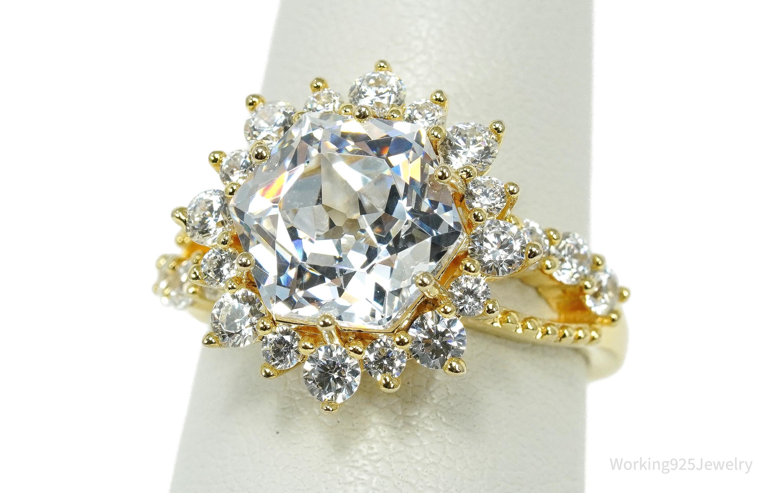 Large Cubic Zirconia Gold Over Sterling Silver Ring - Size 8
