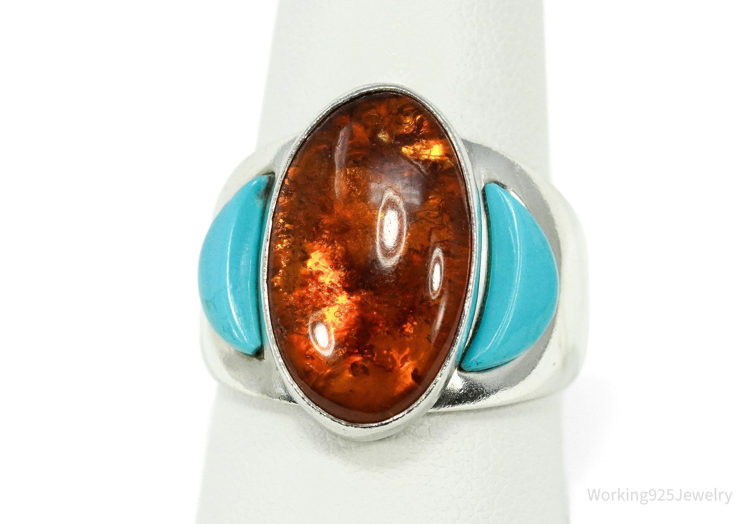 Vintage Desert Rose Trading Co Amber & Turquoise Sterling Silver Ring Size 10