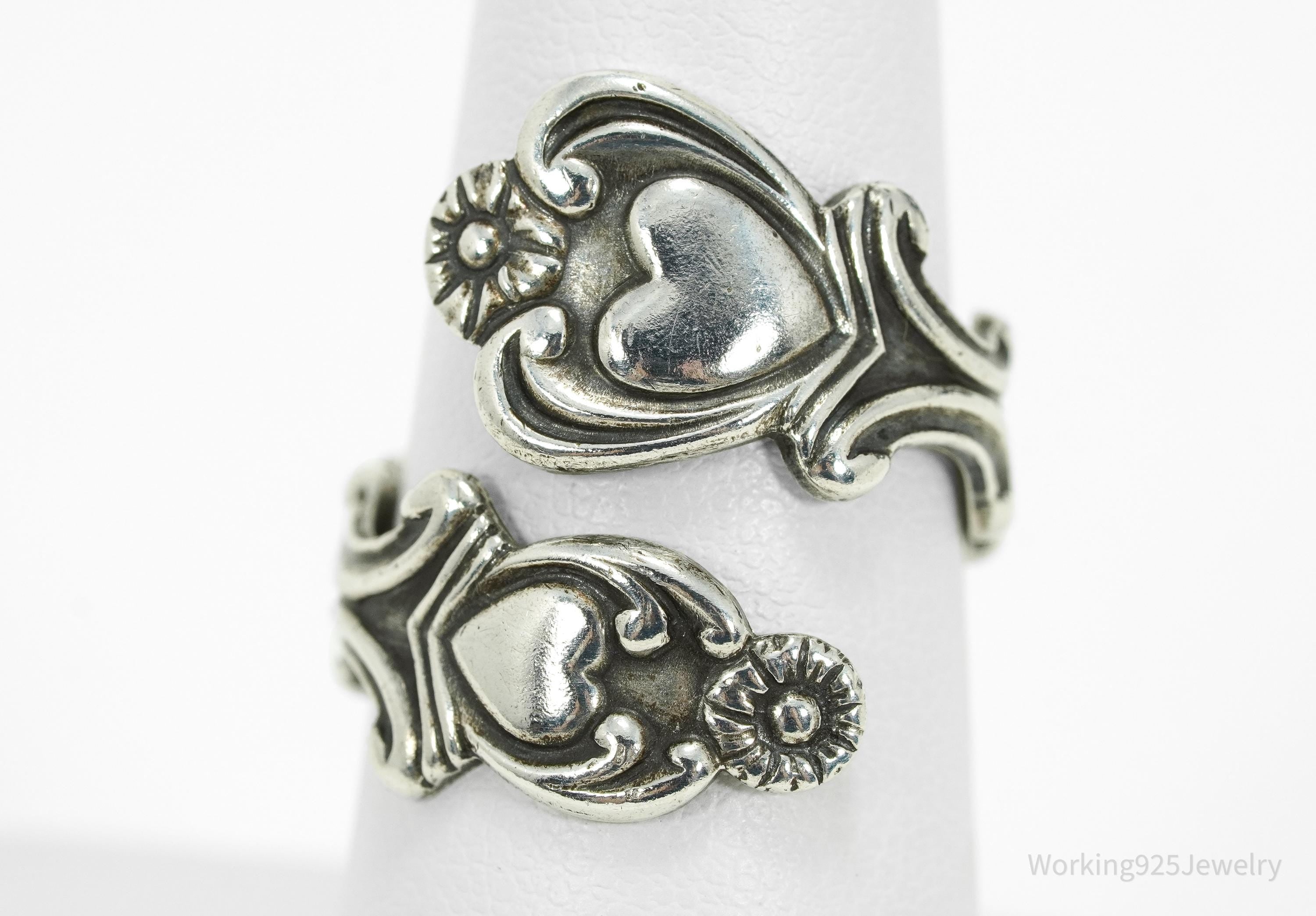 Vintage Avon Hearts & Flowers Sterling Silver Adjustable Wrap Spoon Ring - Size 7.5