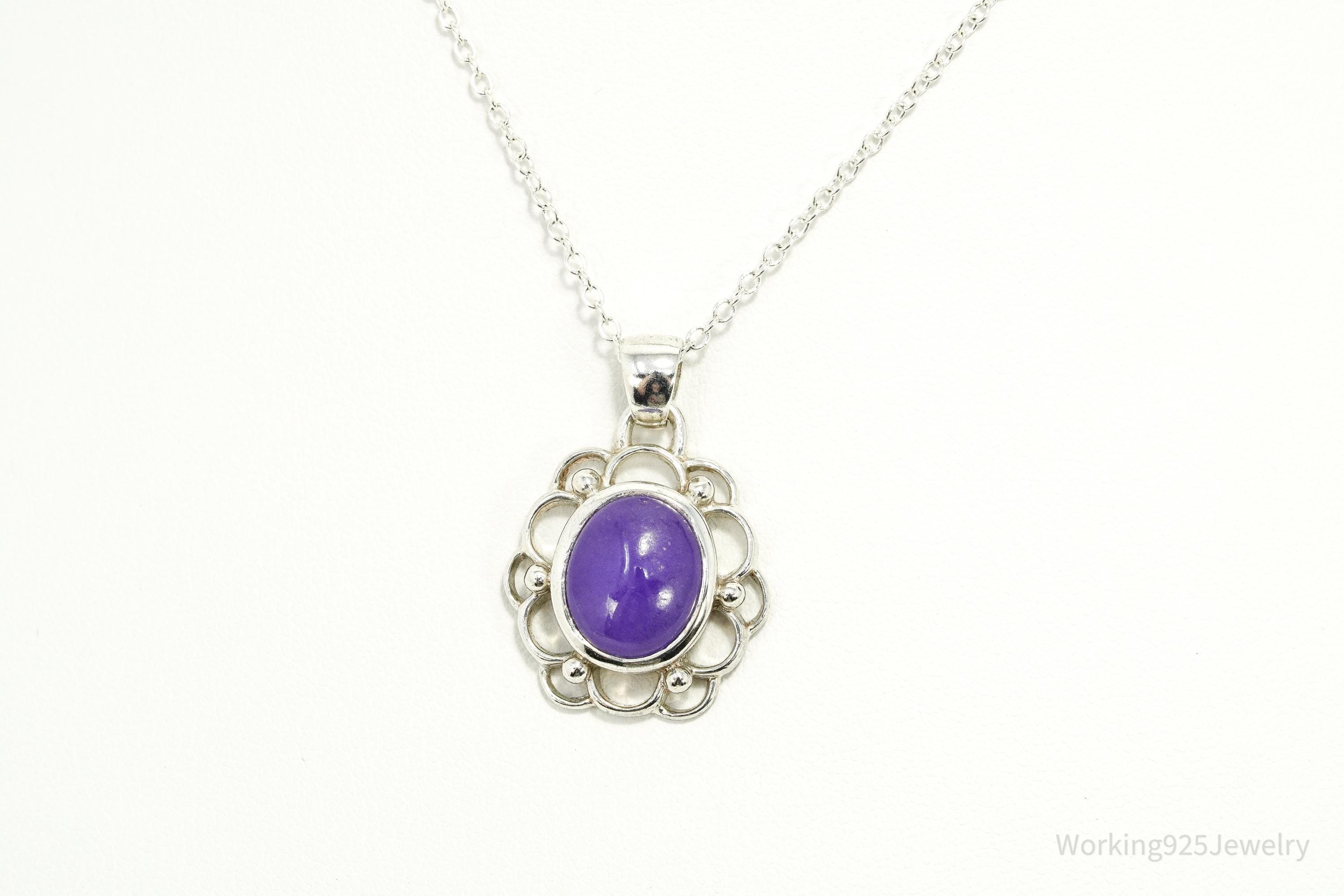 Vintage Purple Jade Sterling Silver Necklace 24"