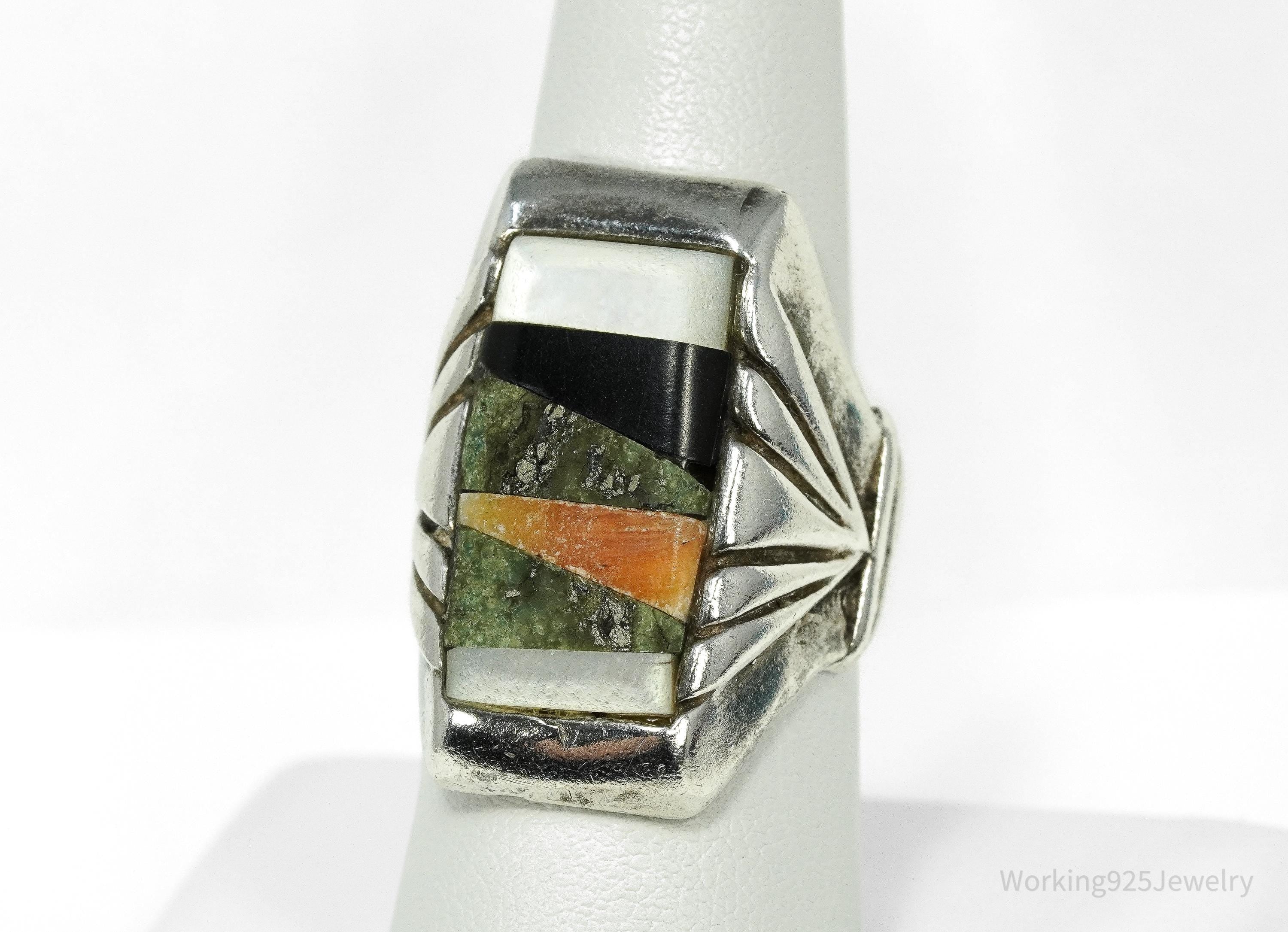 Vintage Handmade Native American Multi Gem Inlay Silver Ring - Size 8.5