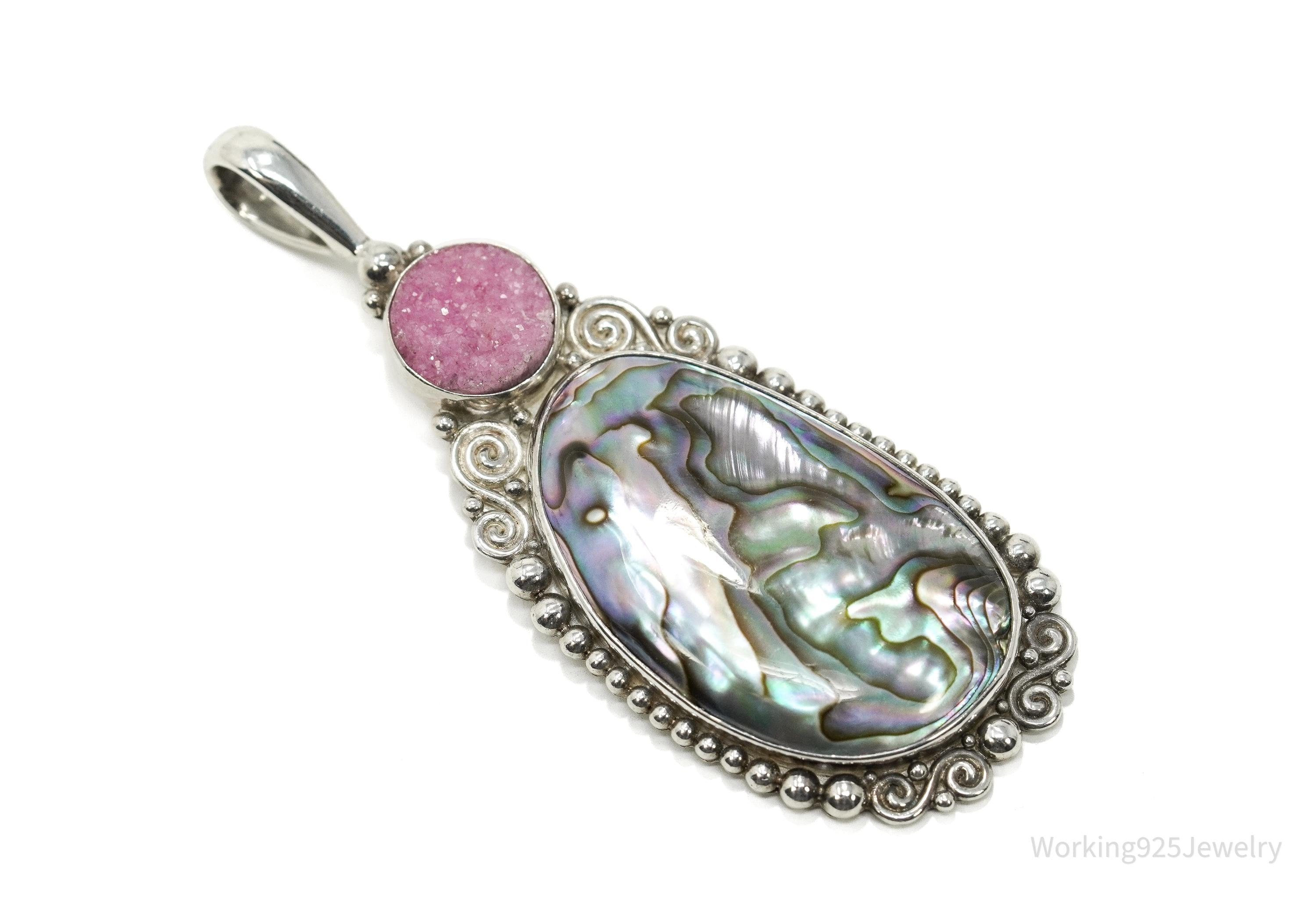 Vintage Designer SAJEN Paua Abalone & Pink Druzy Quartz Sterling Silver Pendant