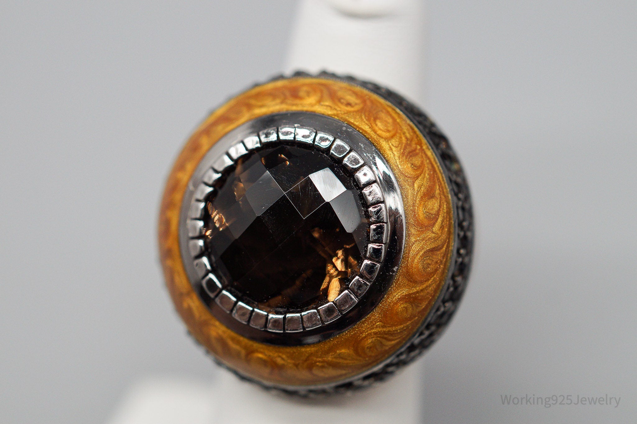 Vintage Large Smoky Topaz & Enamel Sterling Silver Ring - Size 5.75