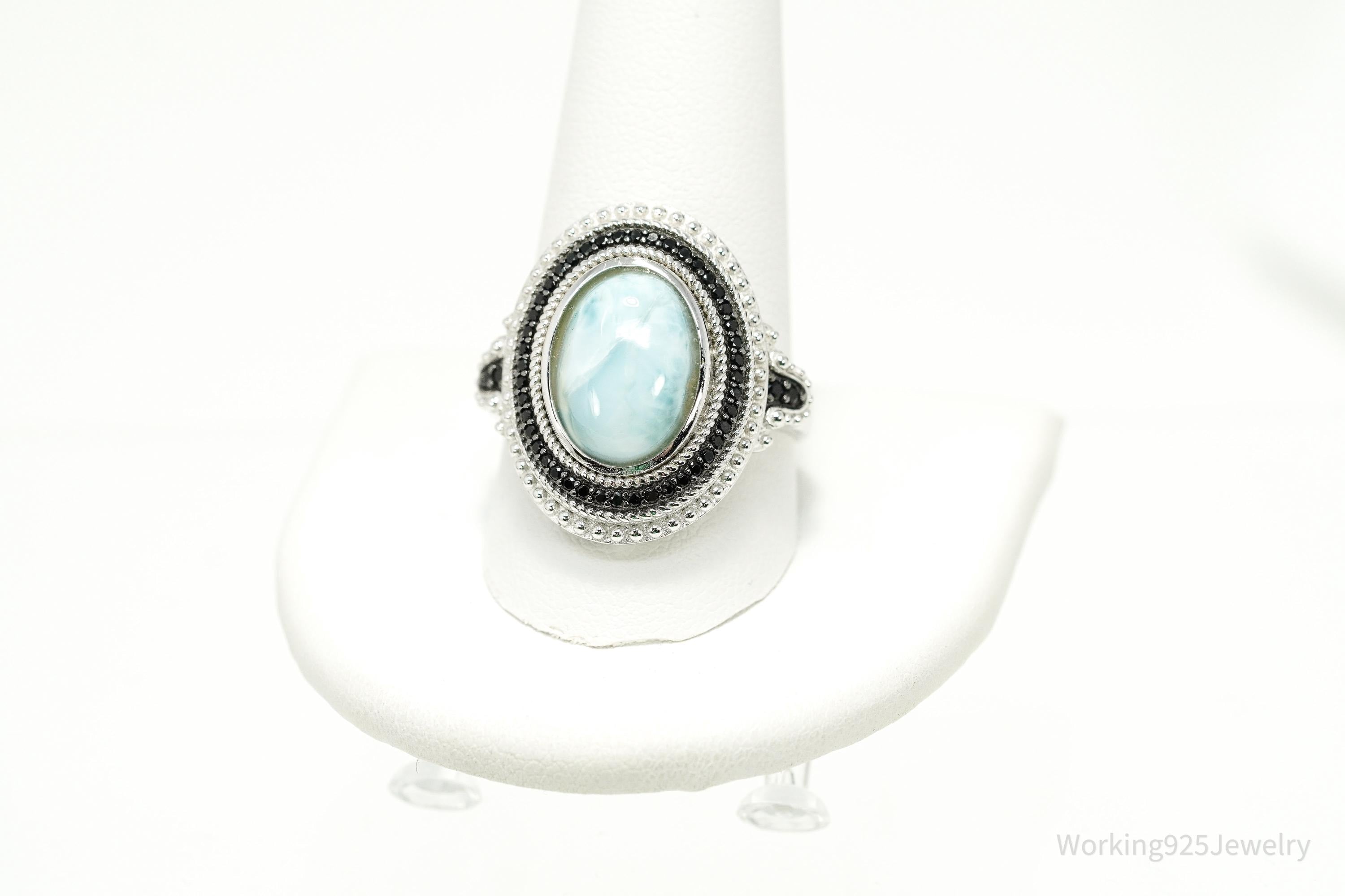 Vintage Blue Larimar & Black Spinel Sterling Silver Ring - Size 11