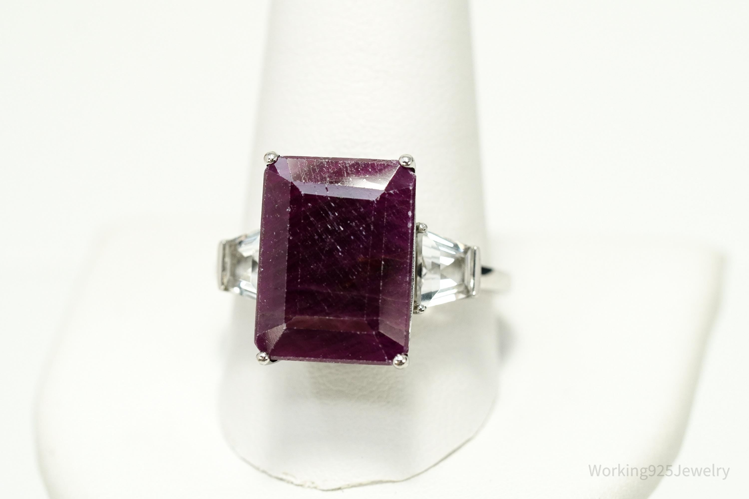 Vintage Ruby & White Topaz \ Sterling Silver Ring - Size 11