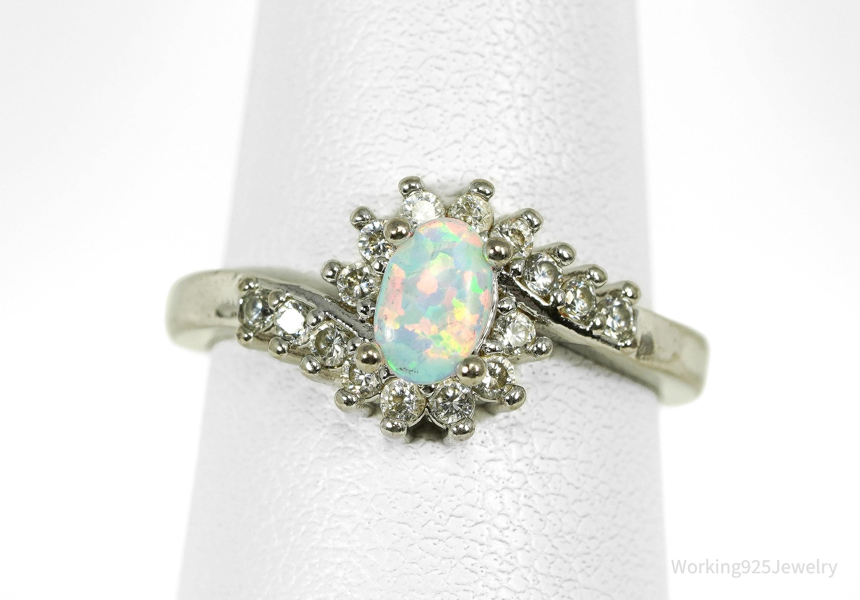 Vintage Opal & Cubic Zirconia Sterling Silver Plated Ring - Size 6