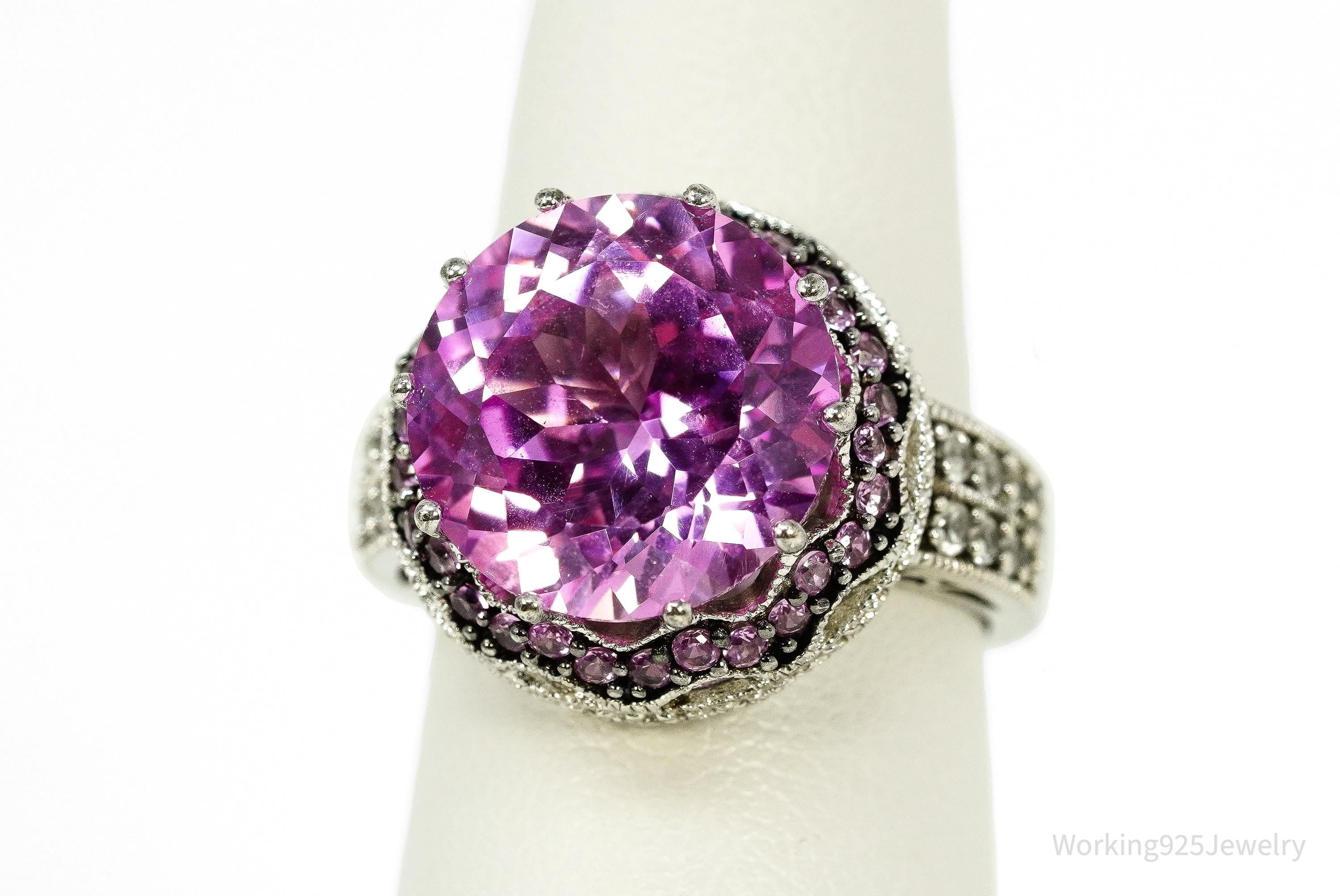 Vintage Large Pink & White Sapphire Sterling Silver Ring - Size 6.5