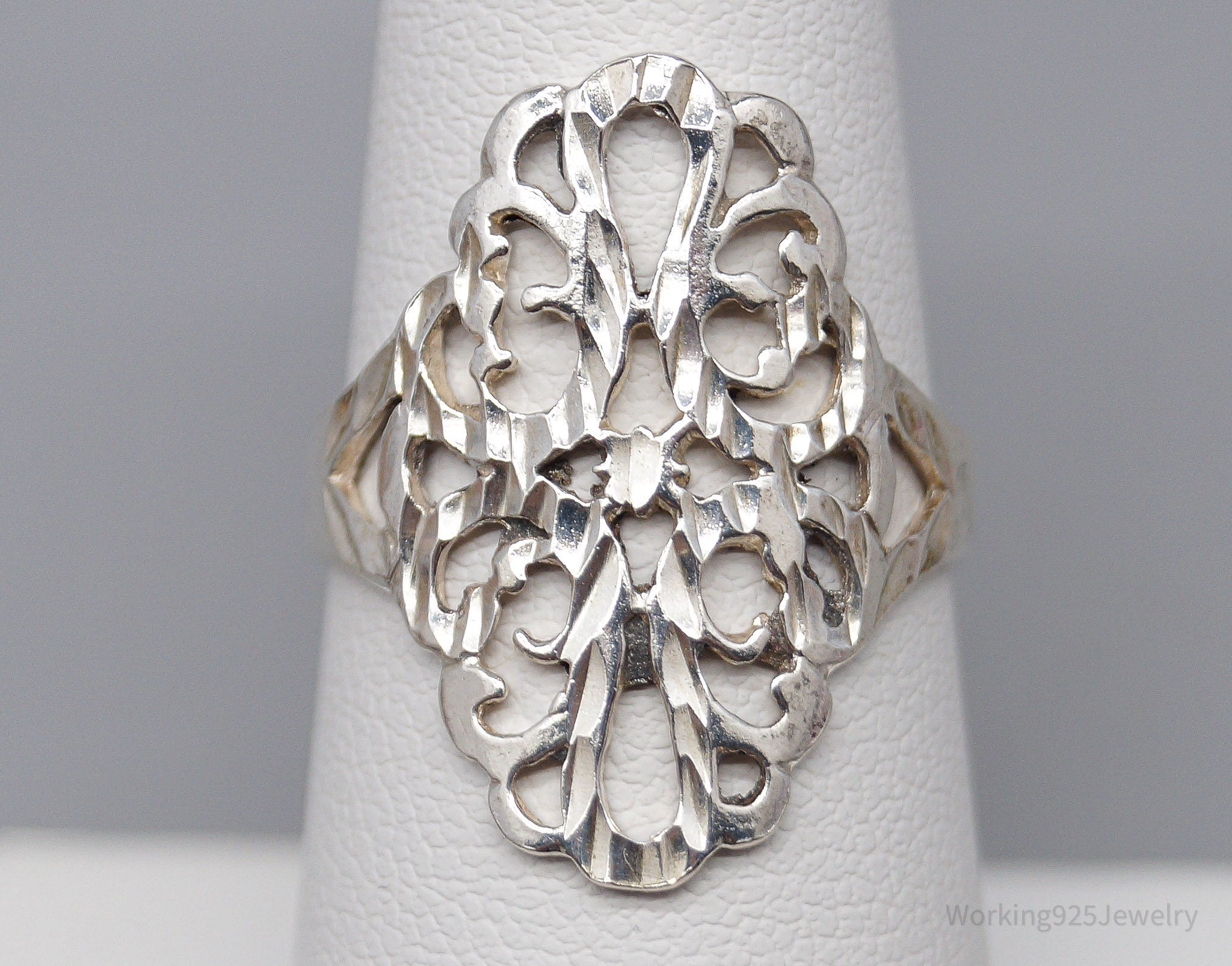 Vintage Diamond Cut Style Filigree Sterling Silver Ring - Size 7.25