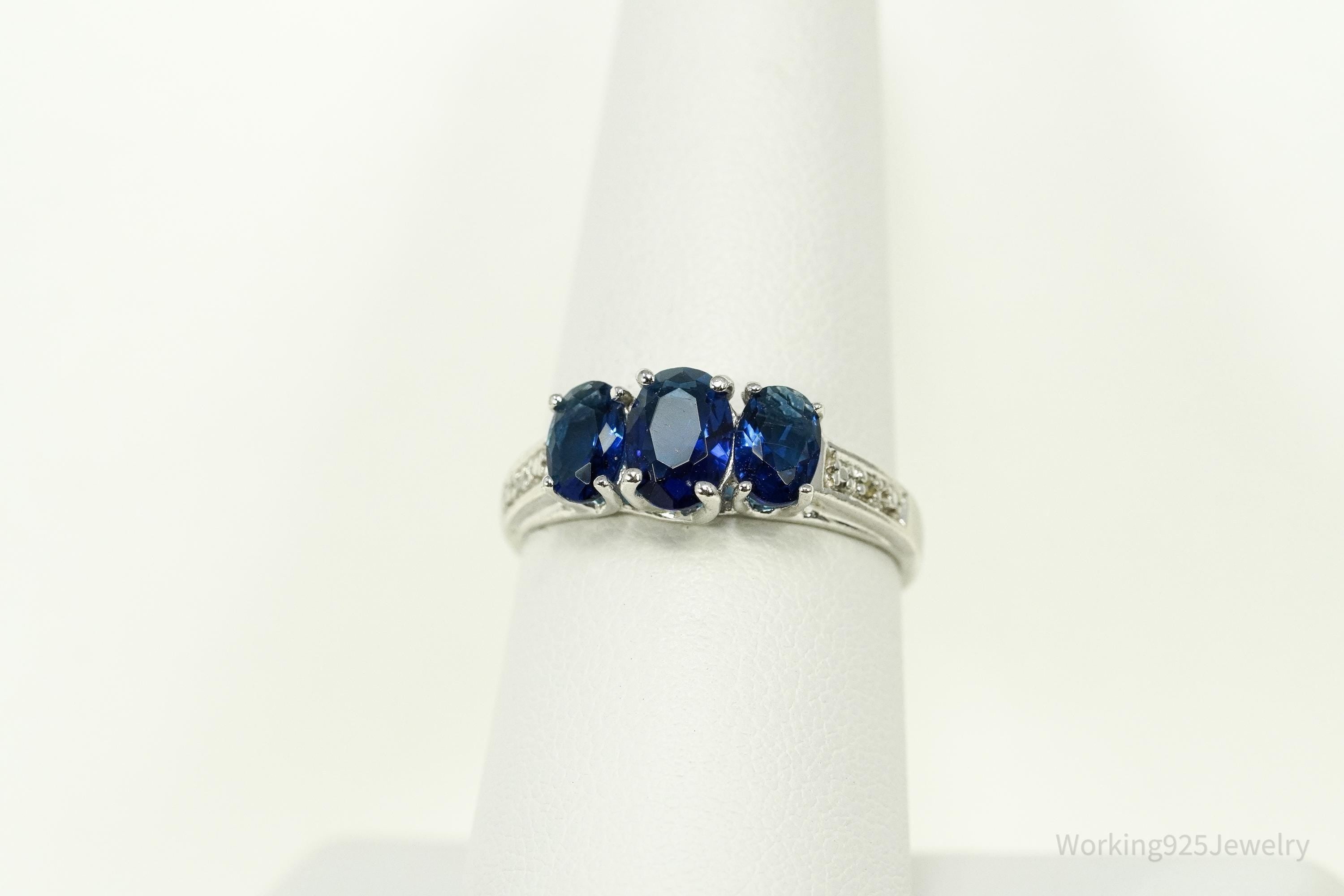 Vintage Blue Simulated Sapphires & 2 Diamonds Sterling Silver Ring - Size 7.25