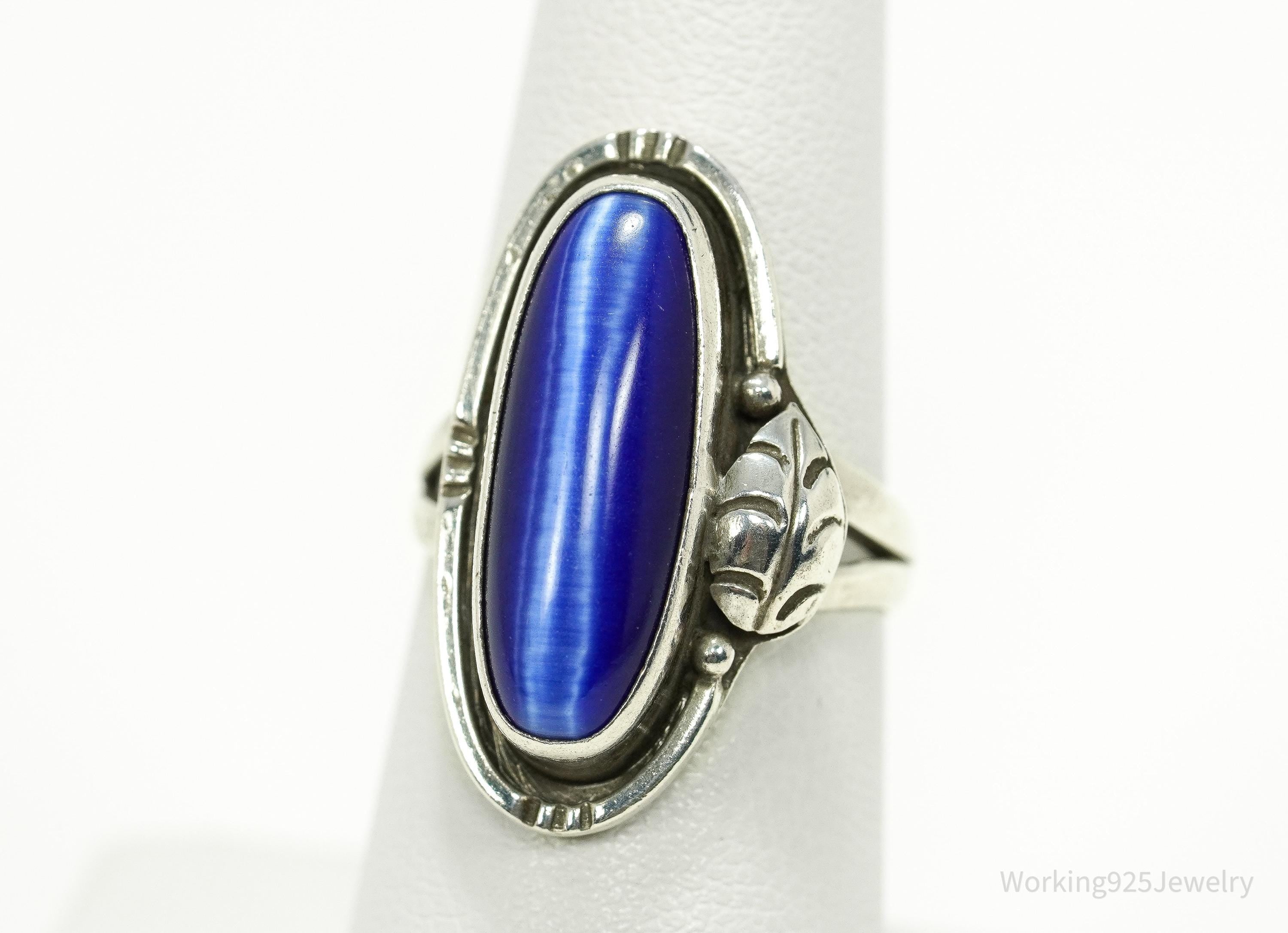 Vintage Mexico Blue Tigers Eye Sterling Silver Ring - Size 6.75