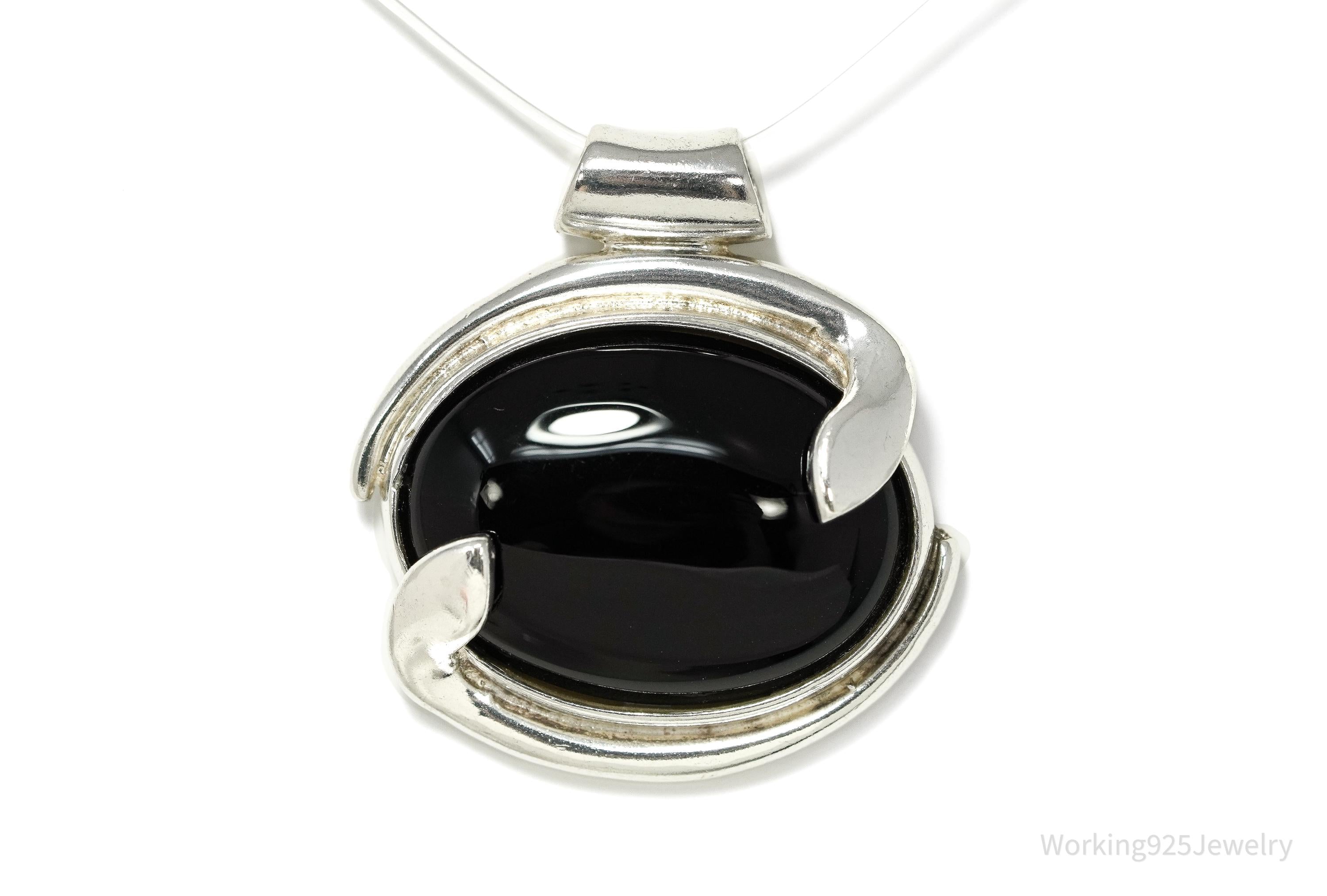 Large Vintage Modernist Style Black Onyx Sterling Silver Necklace Pendant 1.5"